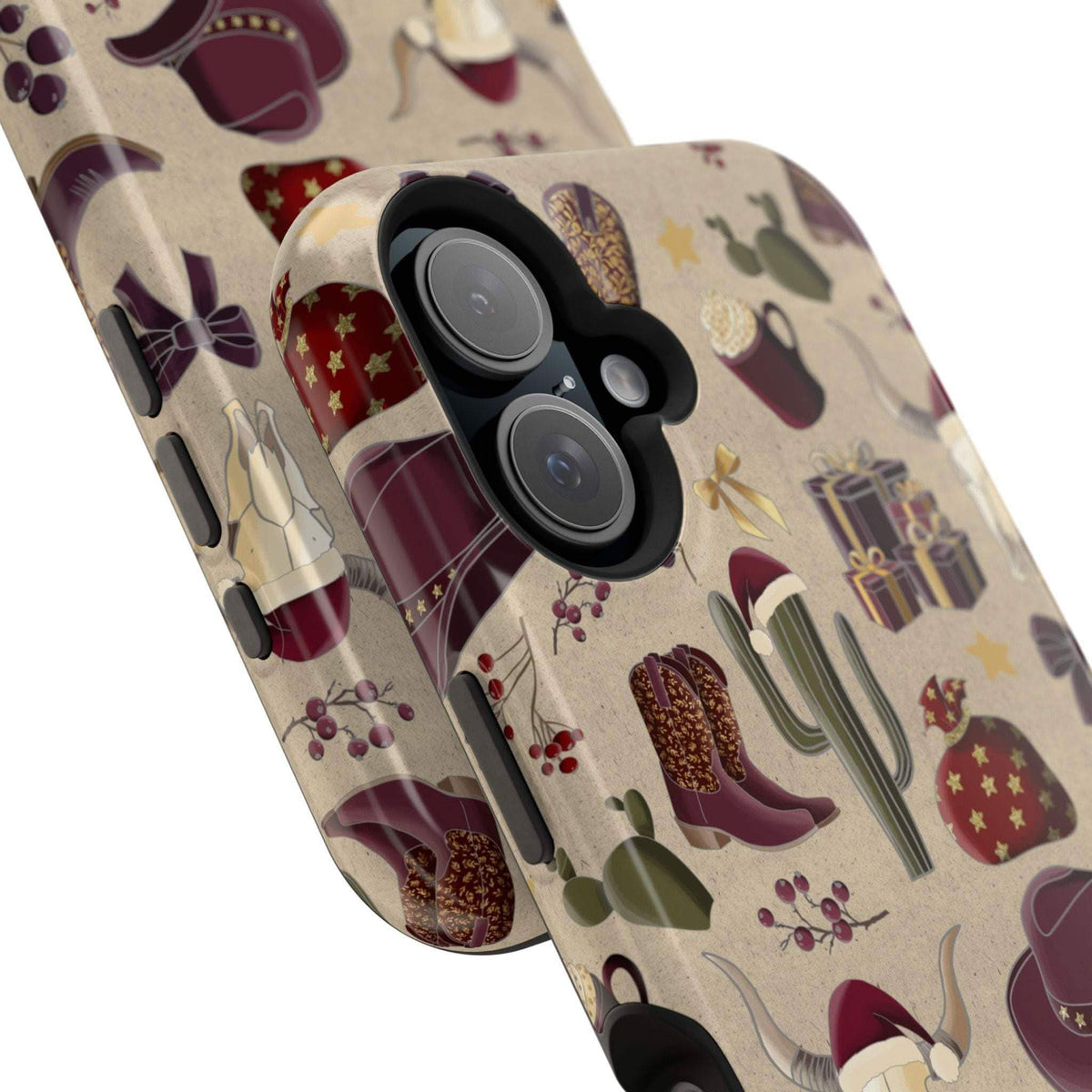 Cowboy Christmas design phone case for iPhone 17 in glossy finish by Printify, featuring festive colors and patterns.
