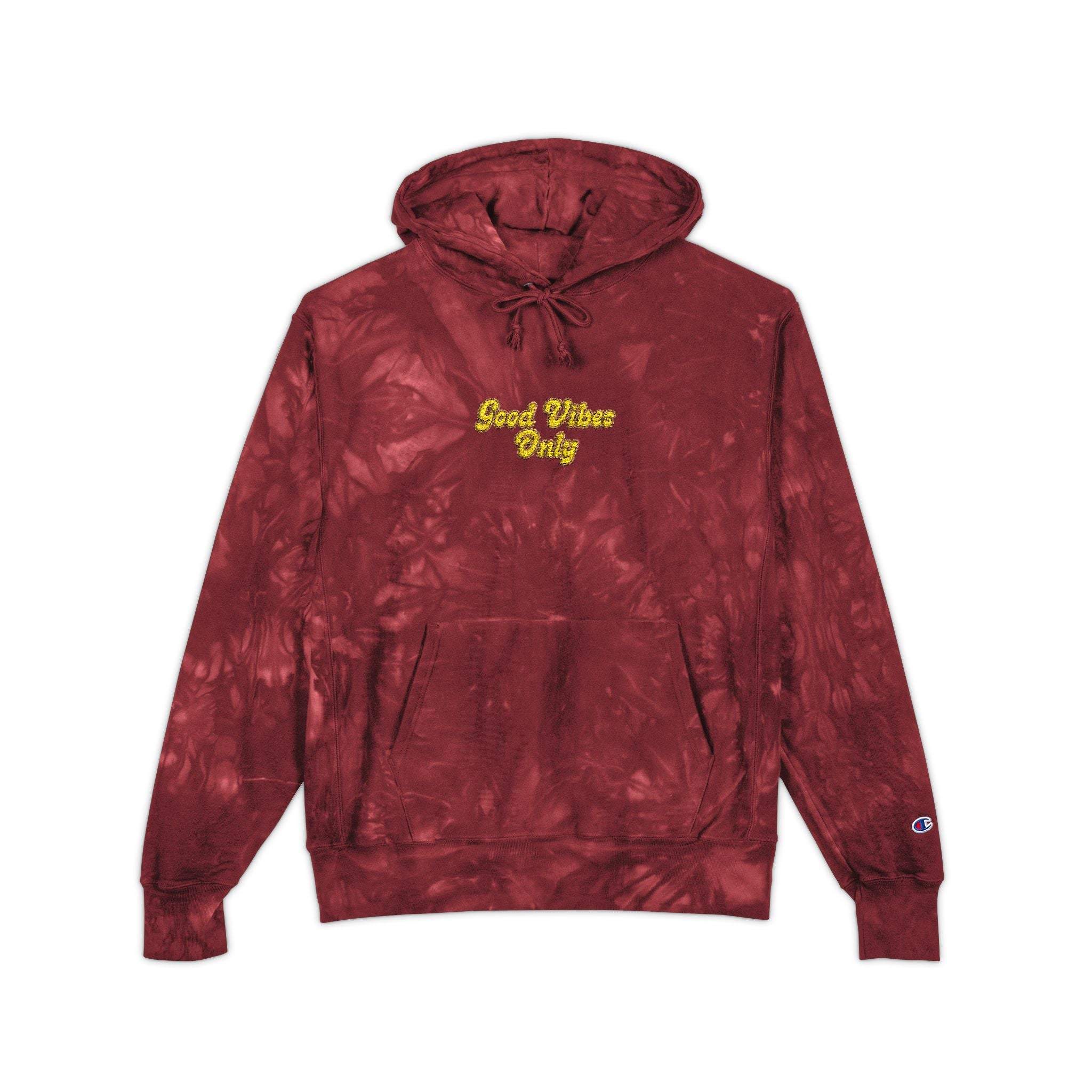 Mulled Berry tie-dye hoodie featuring 'Good Vibes Only' embroidery by Printify