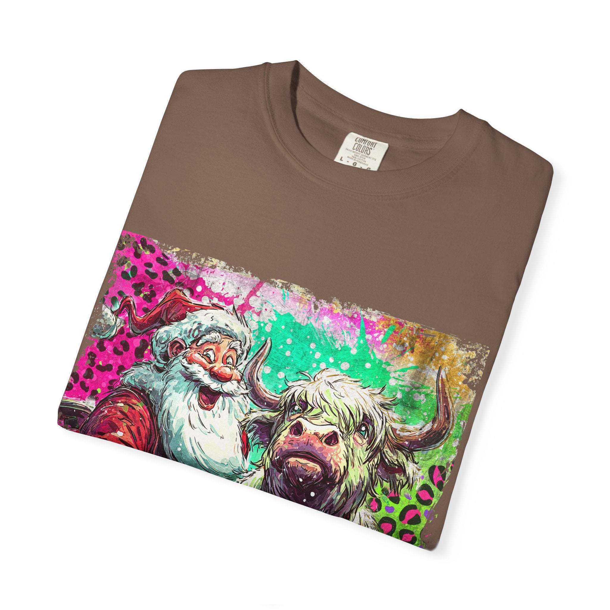 Retro Santa and Highland Cow graphic on a black t-shirt by Printify, perfect for festive holiday wear.