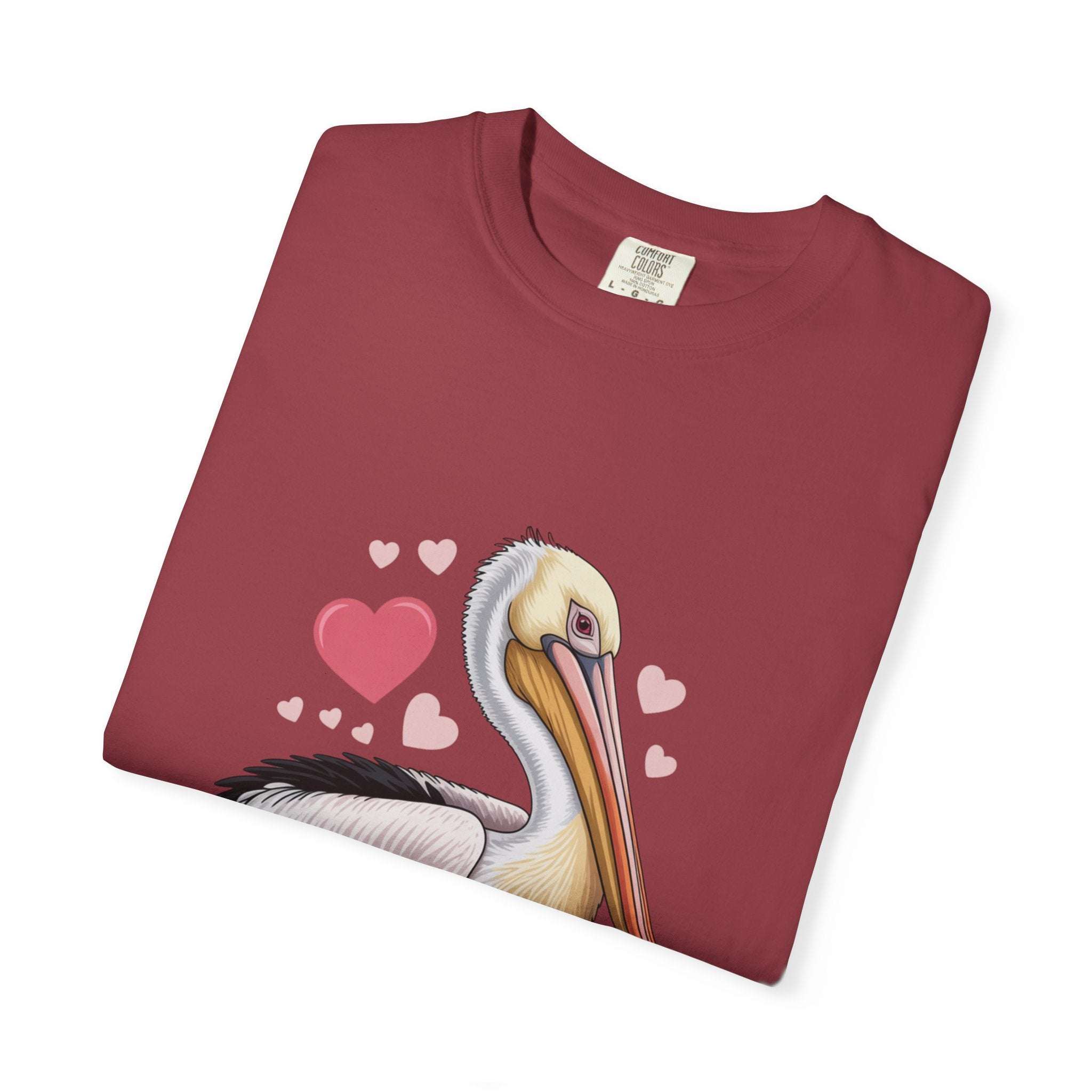 Valentine Pelican Hearts T-Shirt with vintage coastal pelican and heart design on relaxed garment-dyed fabric