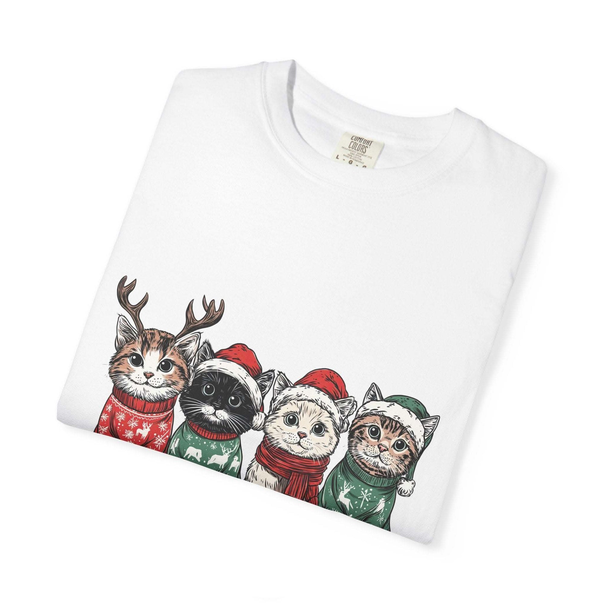 Bay Cat Lover T-shirt with Meowy Christmas design from Printify, perfect festive gift for cat enthusiasts.