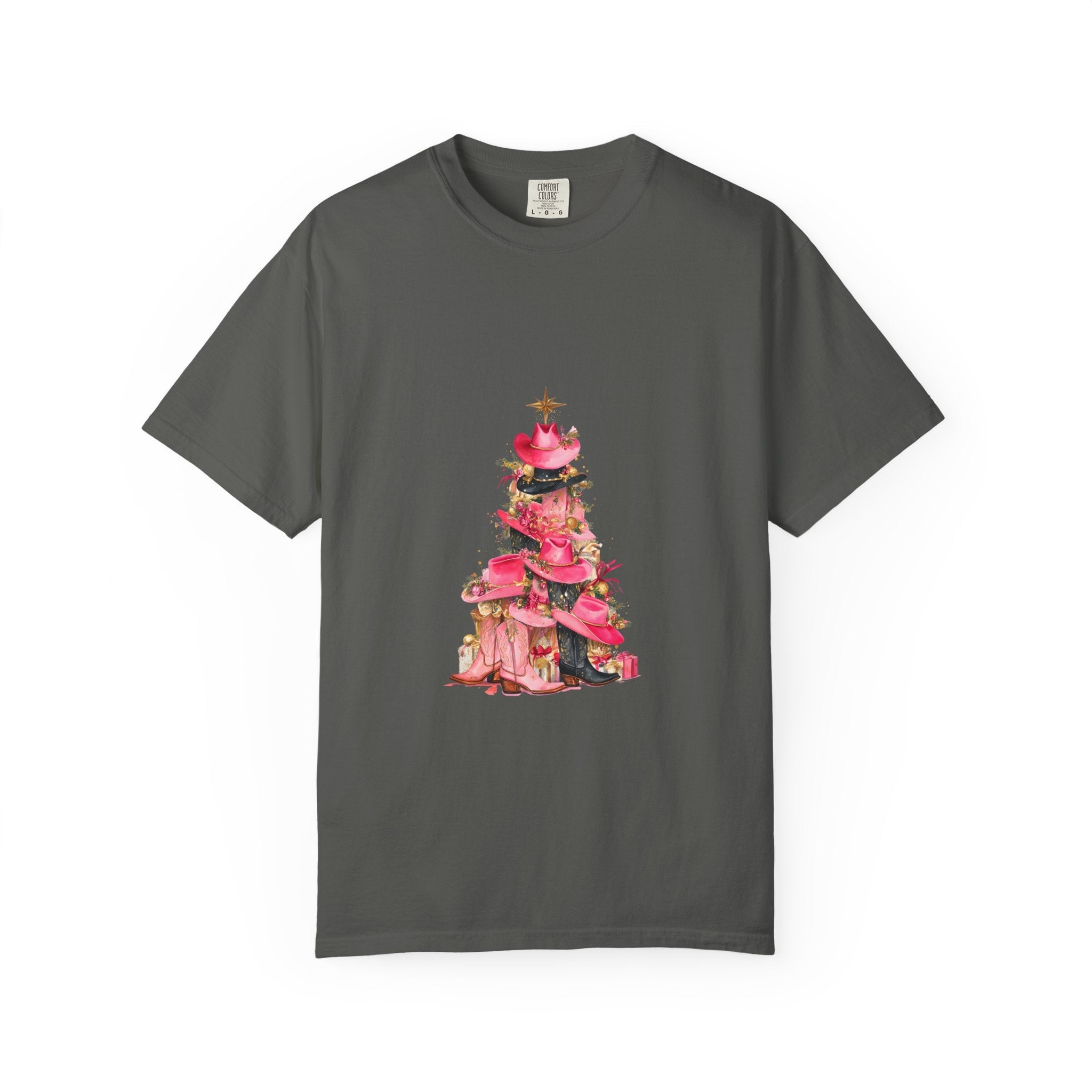 Cowgirl Christmas Tree T-shirt with pink cowboy hats and festive holiday design on gray background
