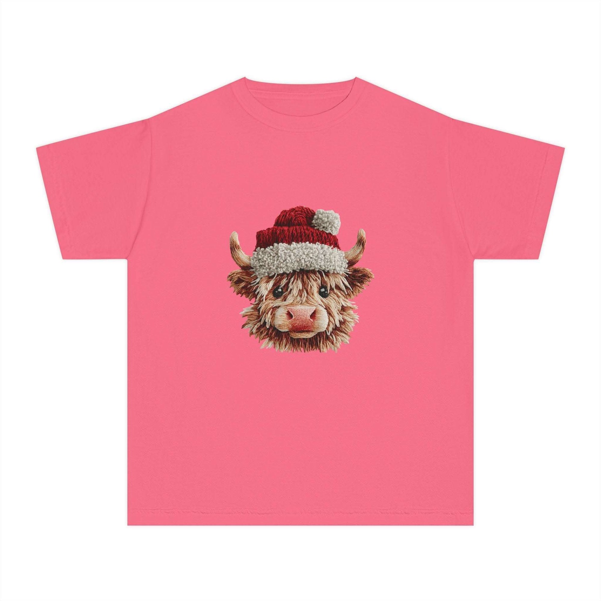 Youth tee with Santa Highland cow in faux crochet yarn style Christmas design