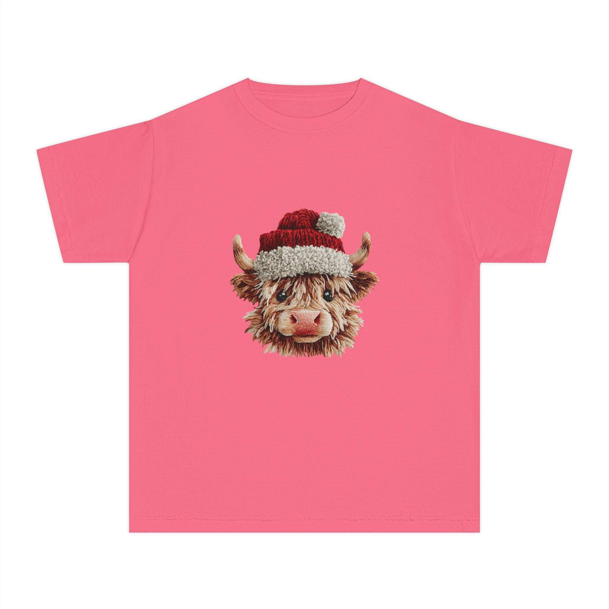 Youth tee with Santa Highland cow in faux crochet yarn style Christmas design