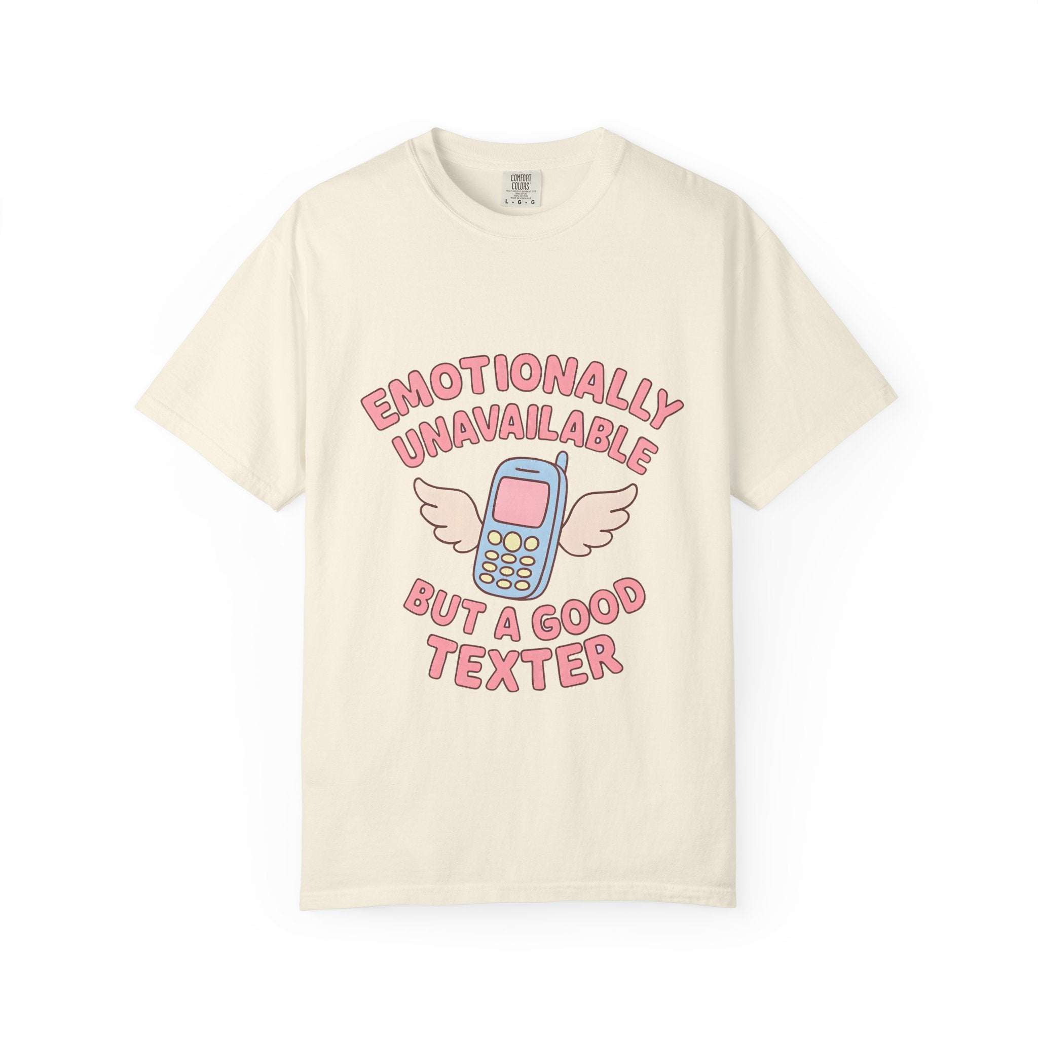 Black graphic t-shirt with "Emotionally Unavailable But A Good Texter" text, made by Printify.