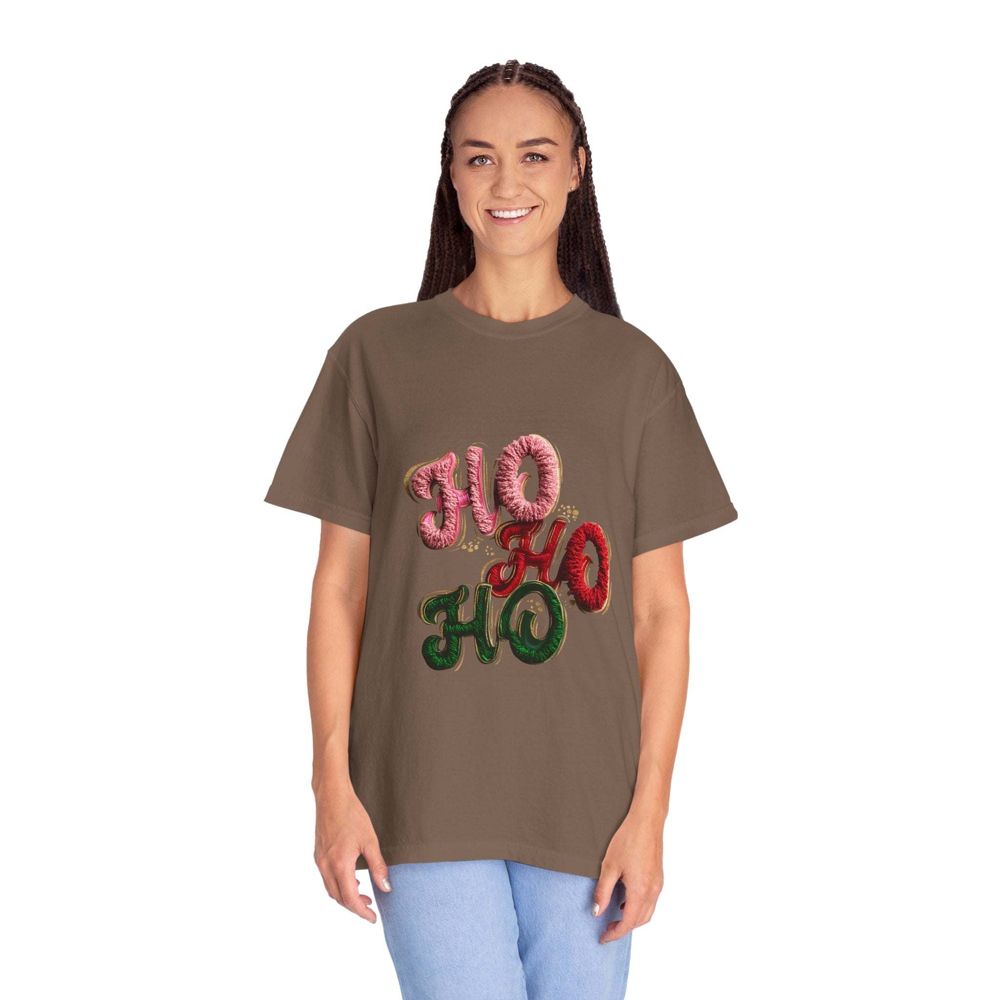 White Christmas graphic tee featuring faux puffy crochet 'Ho, Ho, Ho' design by Printify