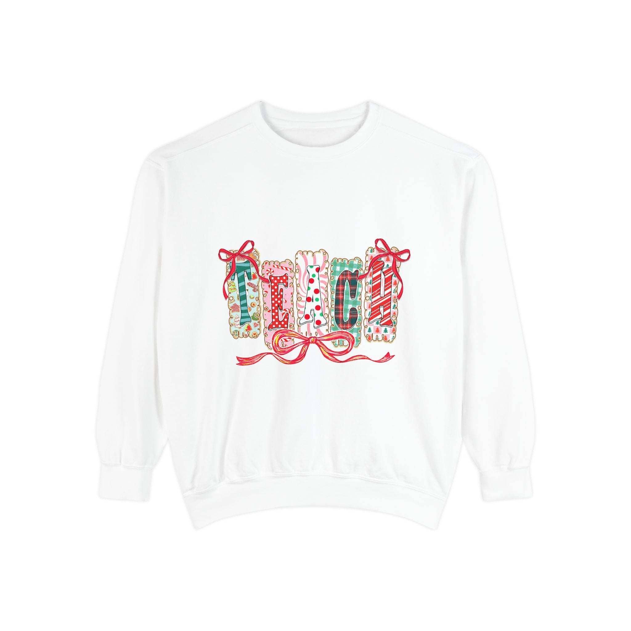 Pepper-colored garment dyed sweatshirt with 'Teach' print, perfect for Christmas gift or cozy winter wear.