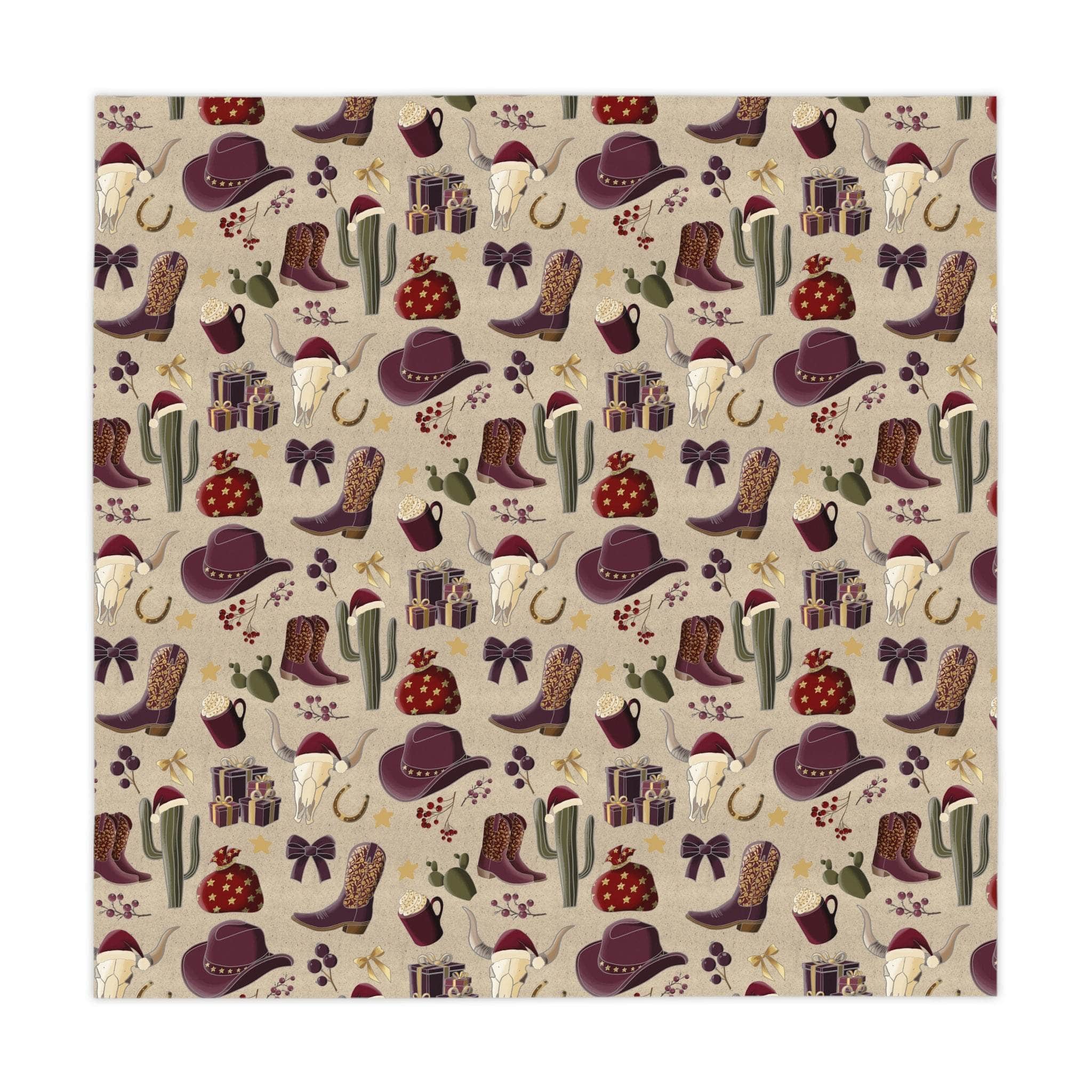 Cowboy Christmas tablecloth with western and holiday themed icons on beige background