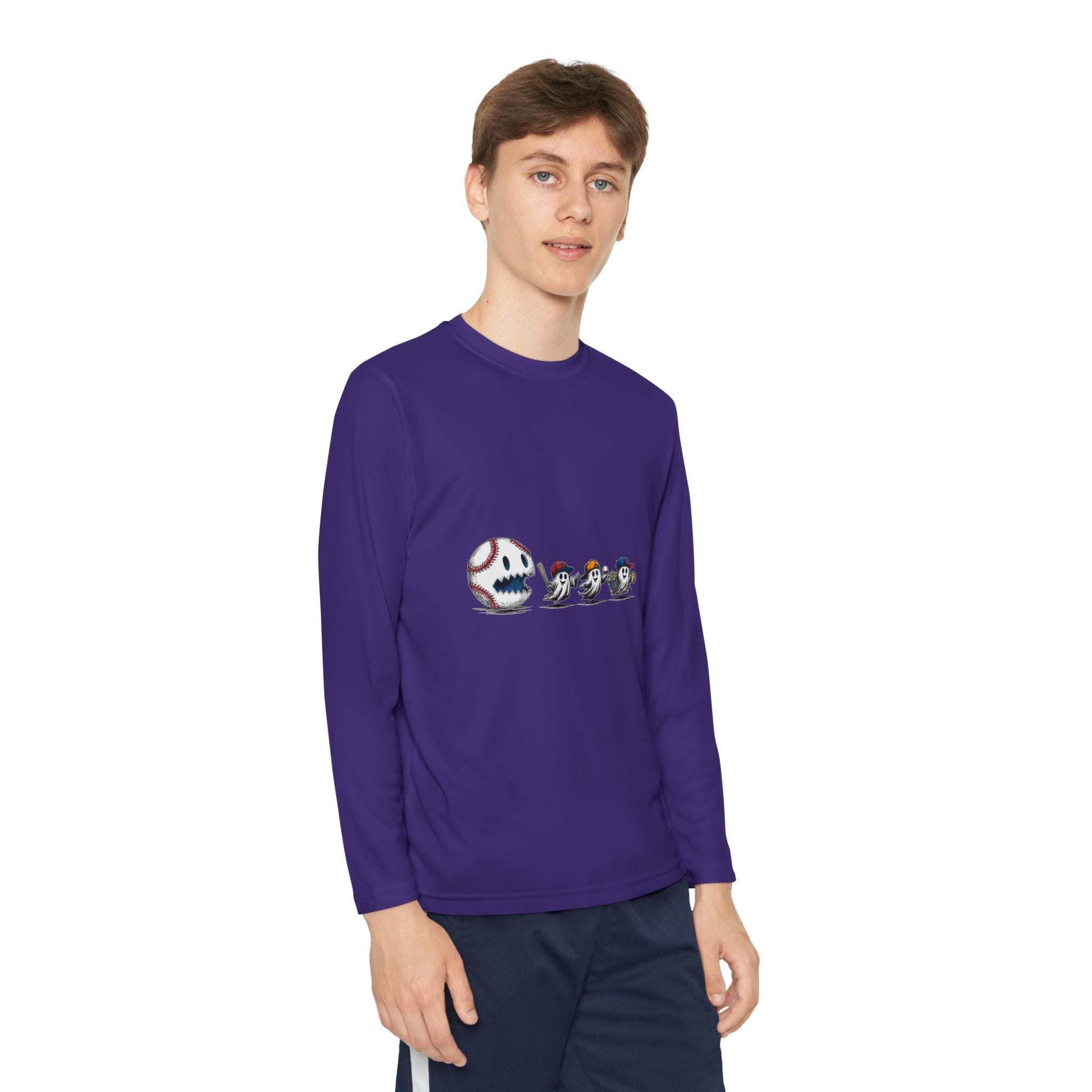 Youth Tee long sleeve in purple with baseball eating Halloween ghosts graphic design