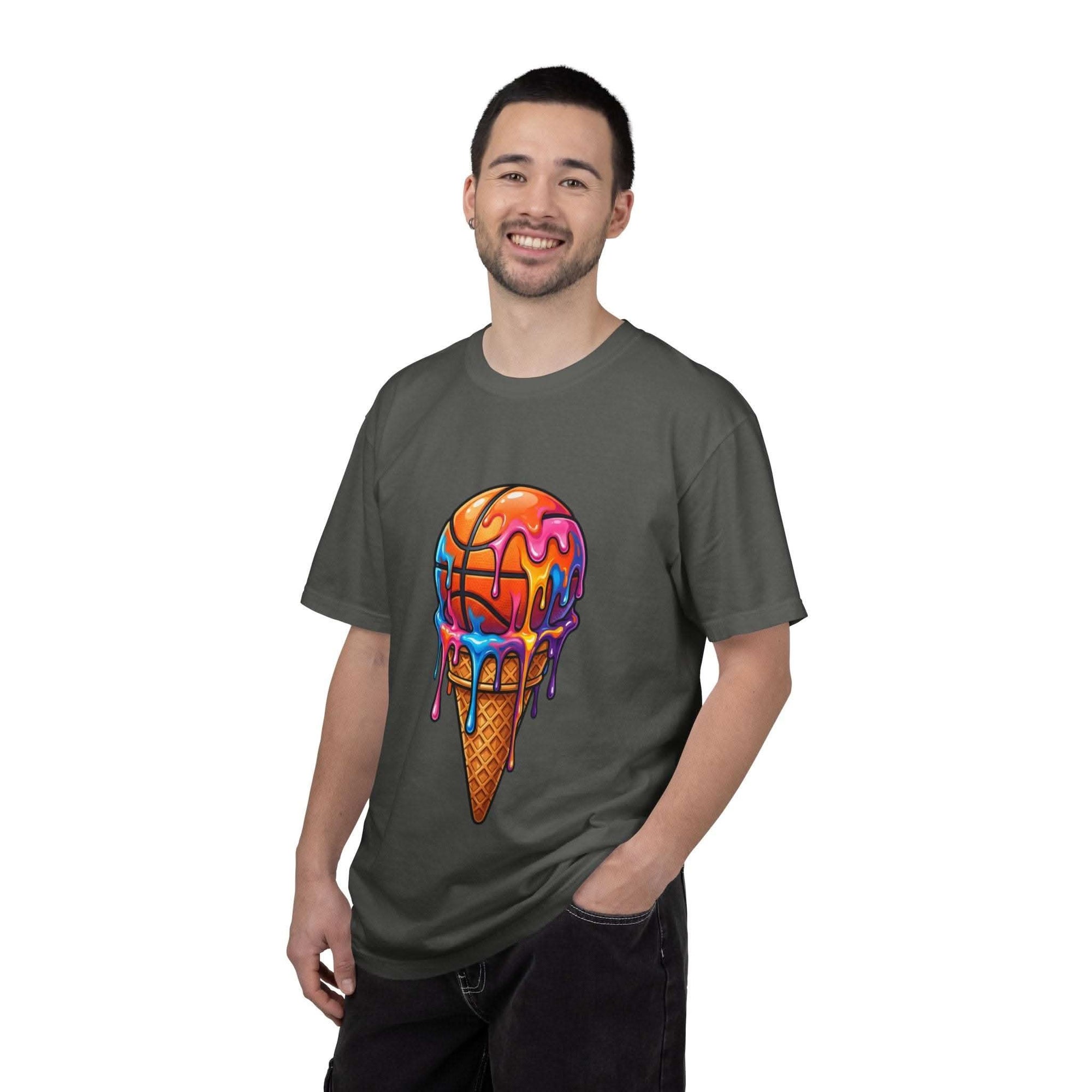 Colorful dripping ice cream cone graphic on relaxed fit neon melting ice cream t-shirt