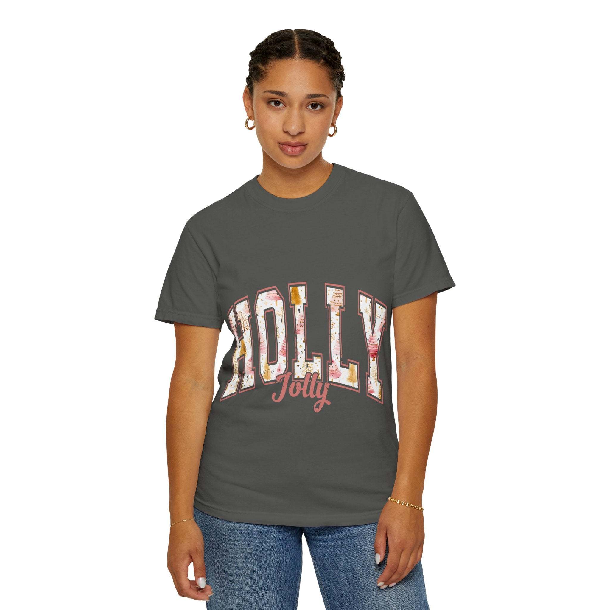 Varsity Holly Jolly T-shirt in dark gray with festive print, unisex garment-dyed cotton tee, comfortable relaxed fit