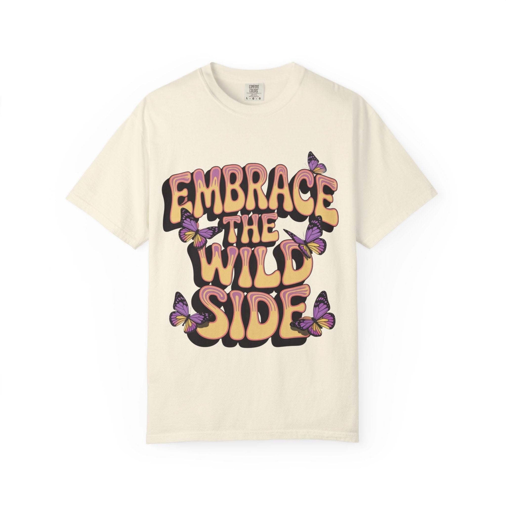 Garment-dyed black t-shirt featuring 'Embrace the Wild Side' print, unisex style, by Printify