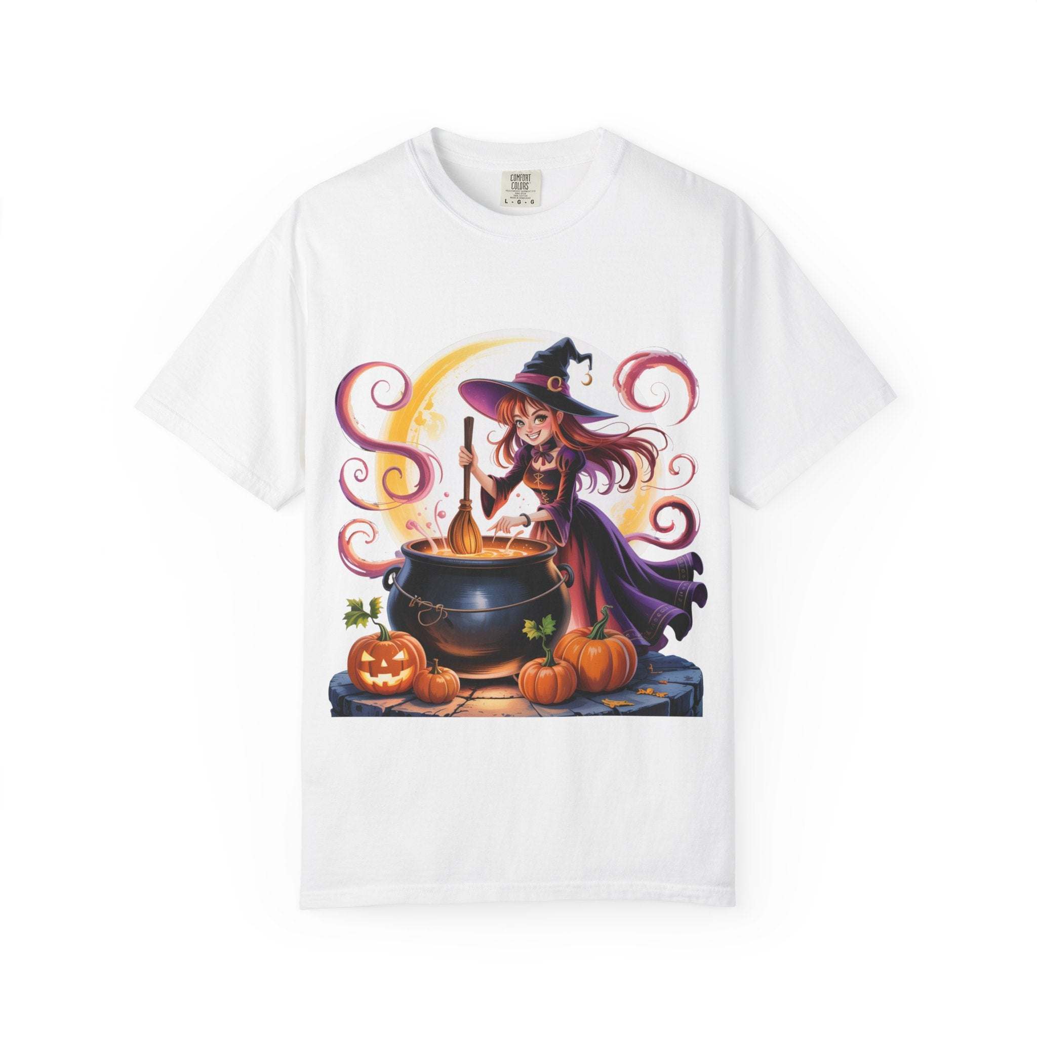 White Anime Halloween Witch T-shirt with cartoon witch stirring a cauldron and pumpkins design