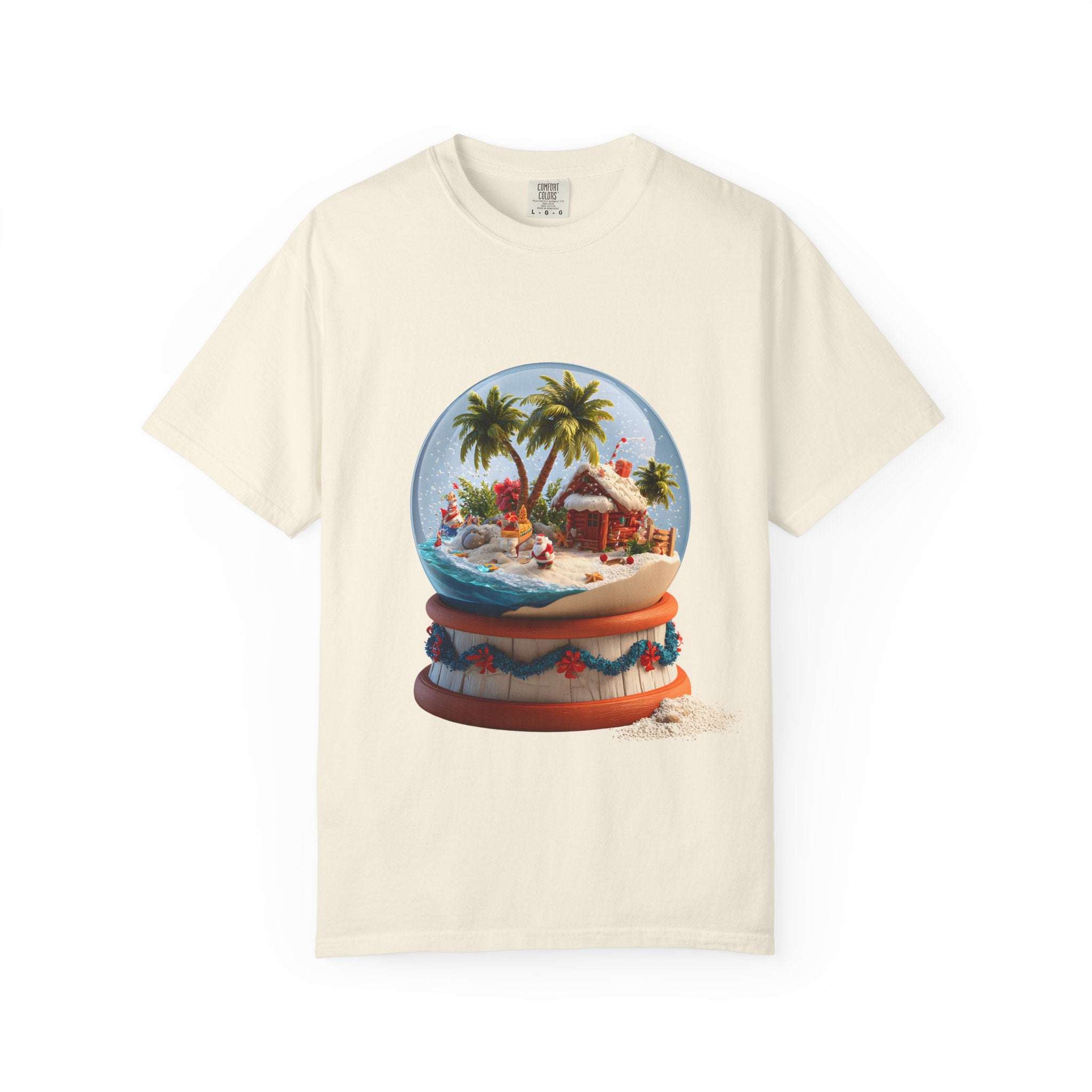 Tropical Snow Globe T-shirt in black, featuring a beach-themed graphic, casual summer style by Printify.