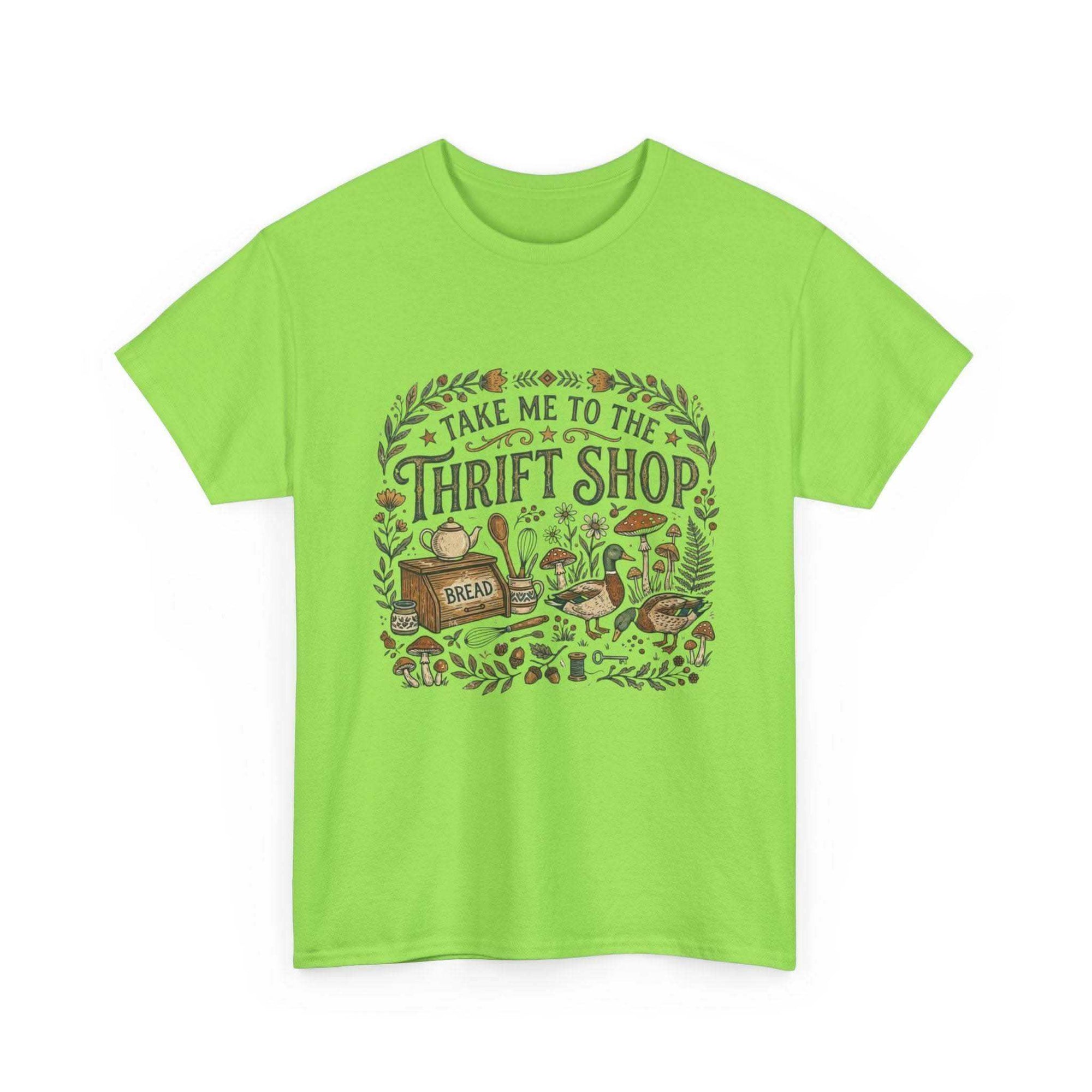 Vintage thrift shop t-shirt with botanicals, mushrooms, and flea market treasures illustration