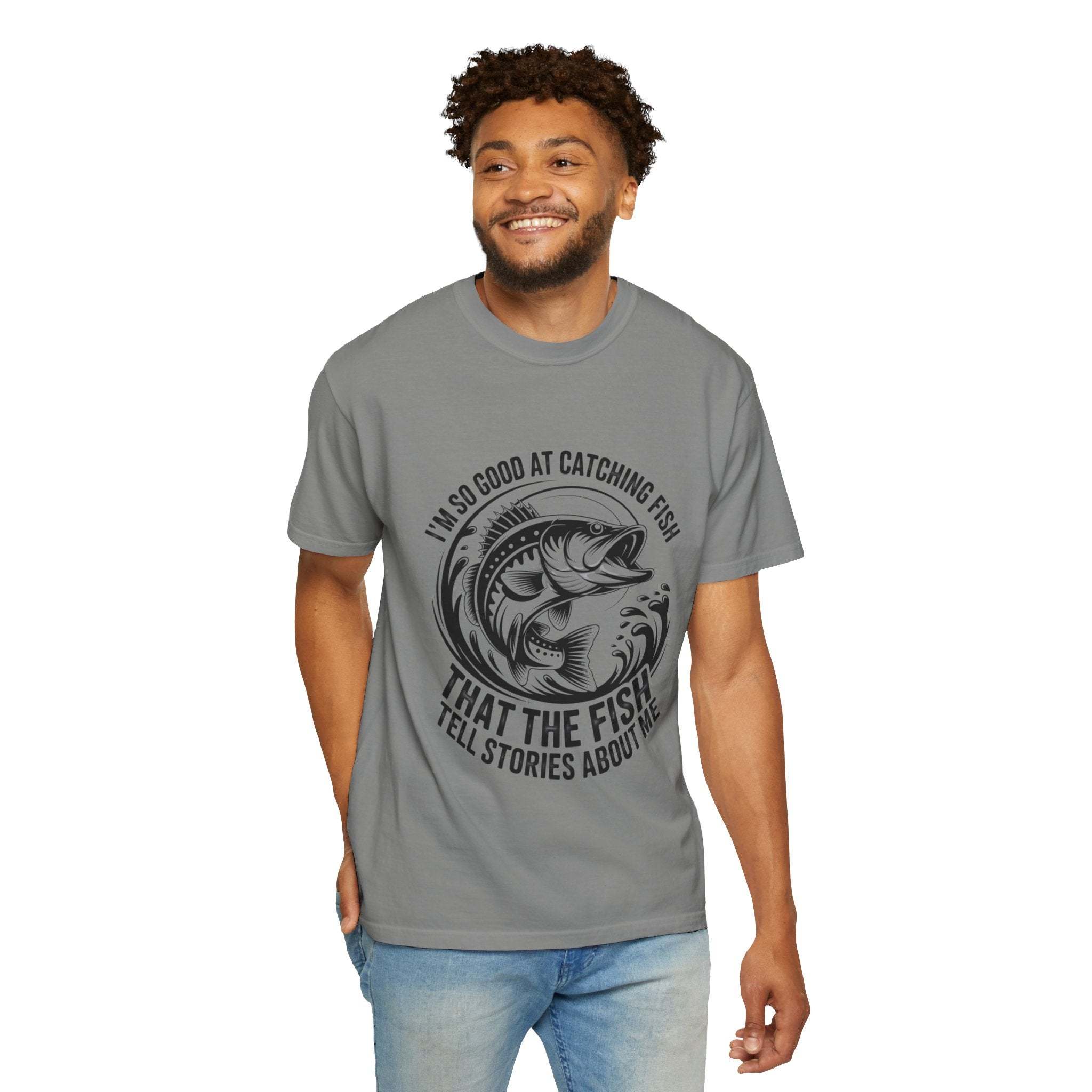 Fishing T-Shirt with humorous "So Good At Catching Fish That The Fish Tell Stories About Me" phrase on soft cotton tee