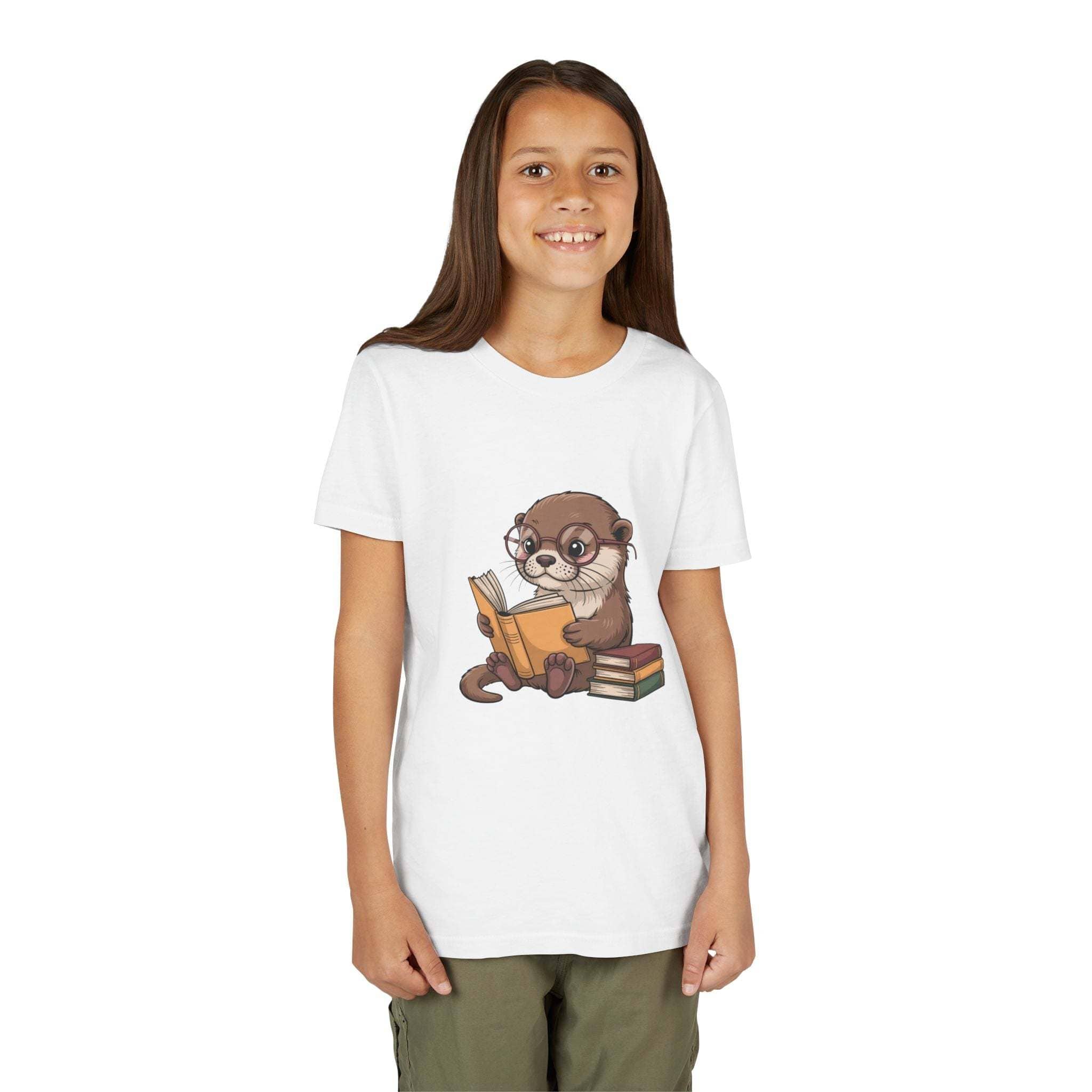 Girl wearing a white t-shirt with an otter reading a book graphic on a white background
