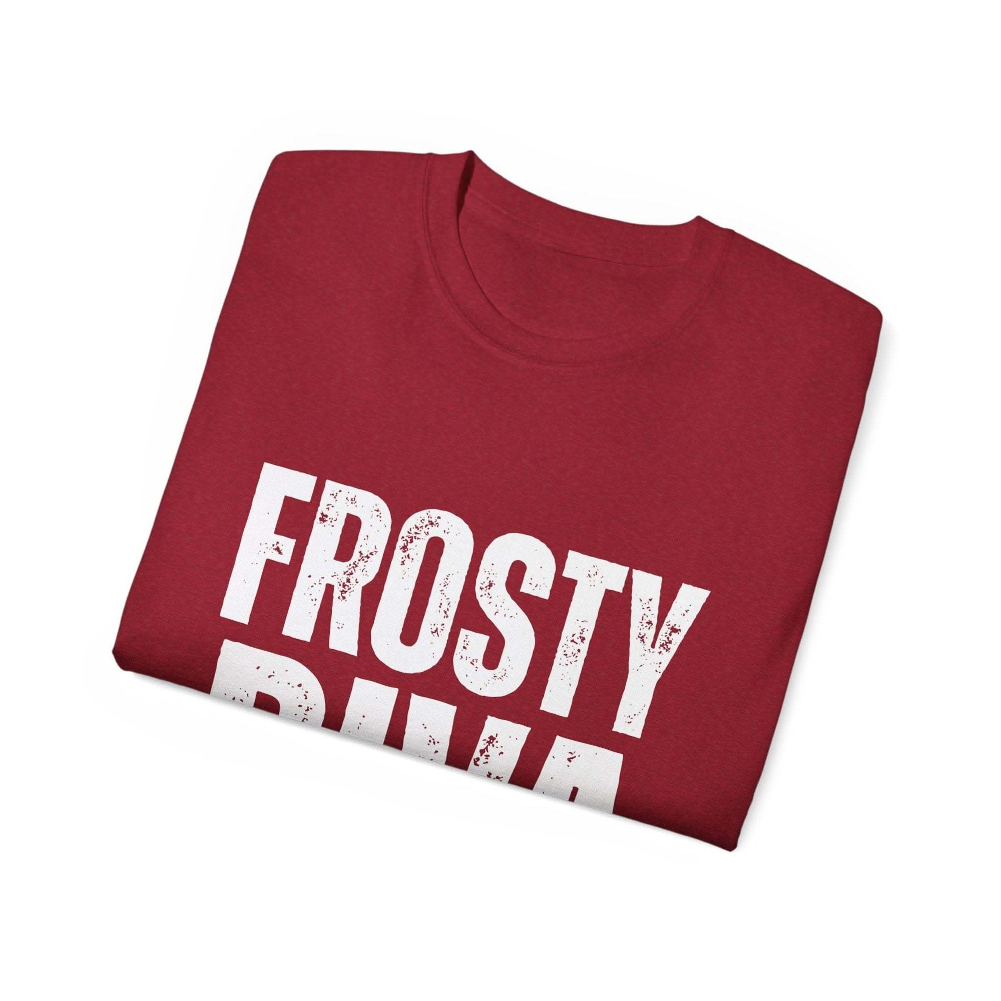 Folded red distressed frosty t-shirt with bold white text design