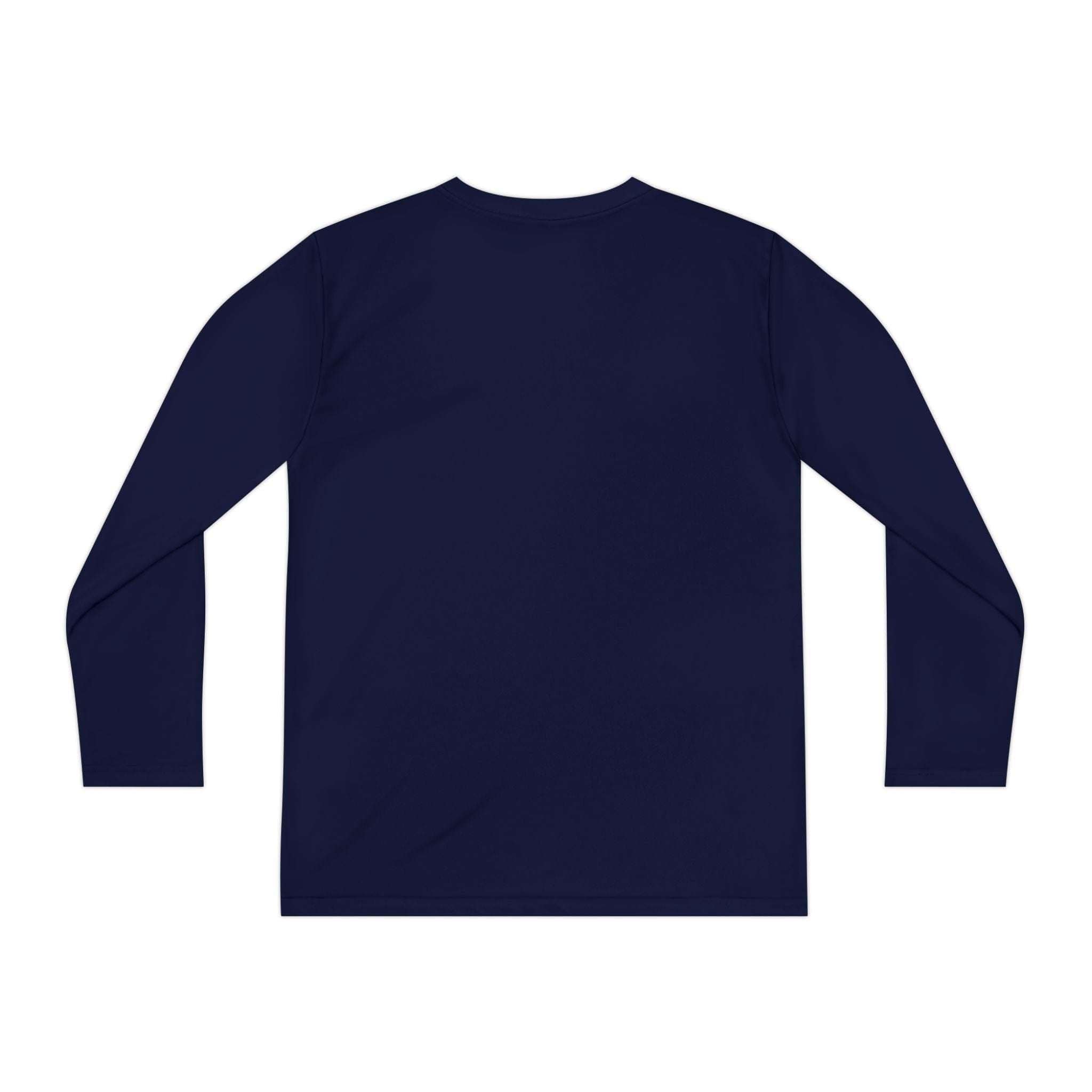 Back view of navy blue youth tee long sleeve shirt made of moisture-wicking polyester fabric