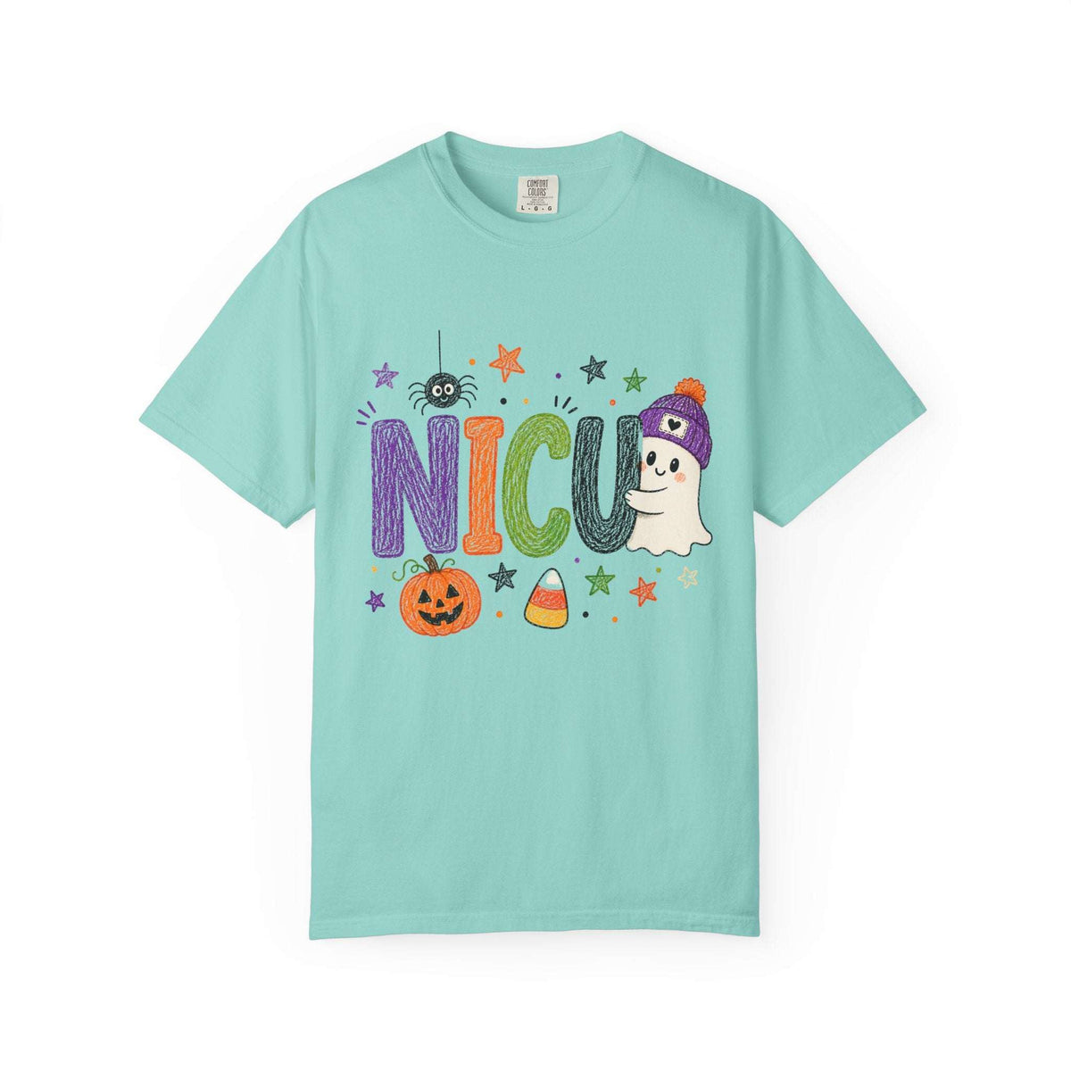 Chalky mint NICU nurse Halloween T-shirt with colorful crayon-style lettering, a smiling ghost in a purple beanie, pumpkin, and candy corn.