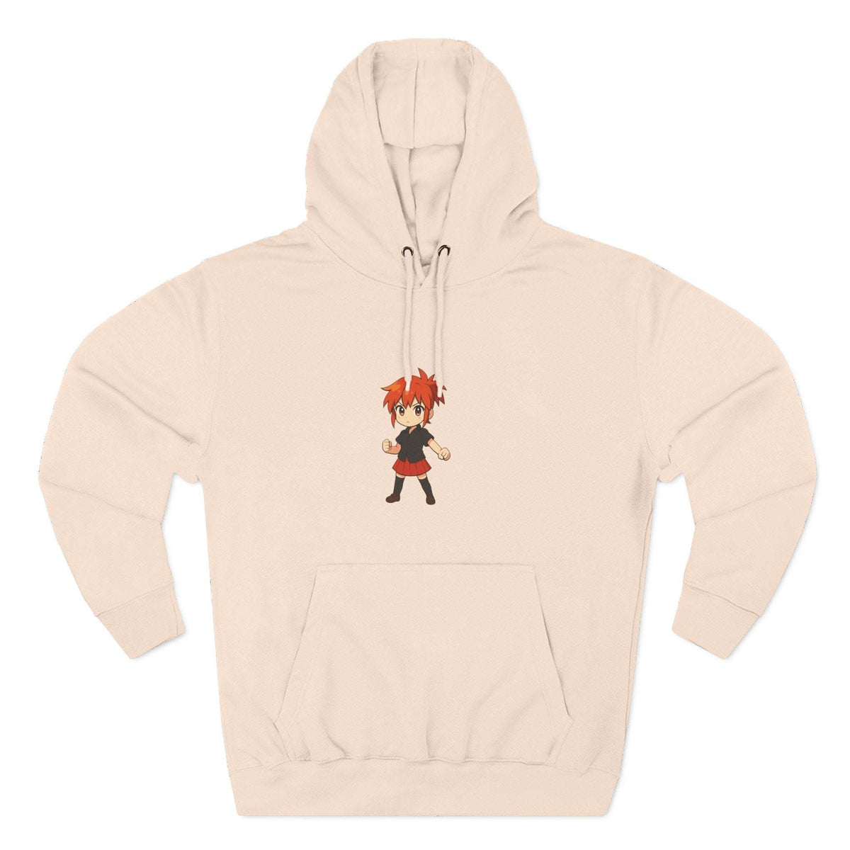 Cozy fleece hoodie featuring anime power girl design in white, black, and heather grey options by Printify