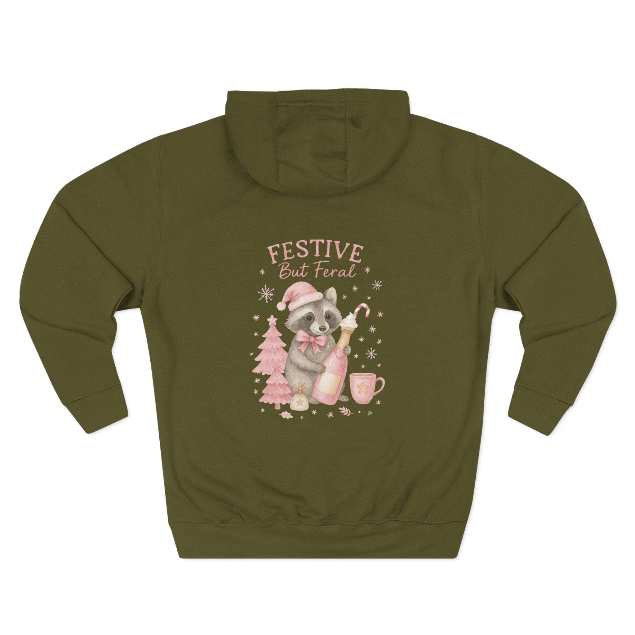 Olive green fleece hoodie with festive but feral raccoon design and adjustable hood