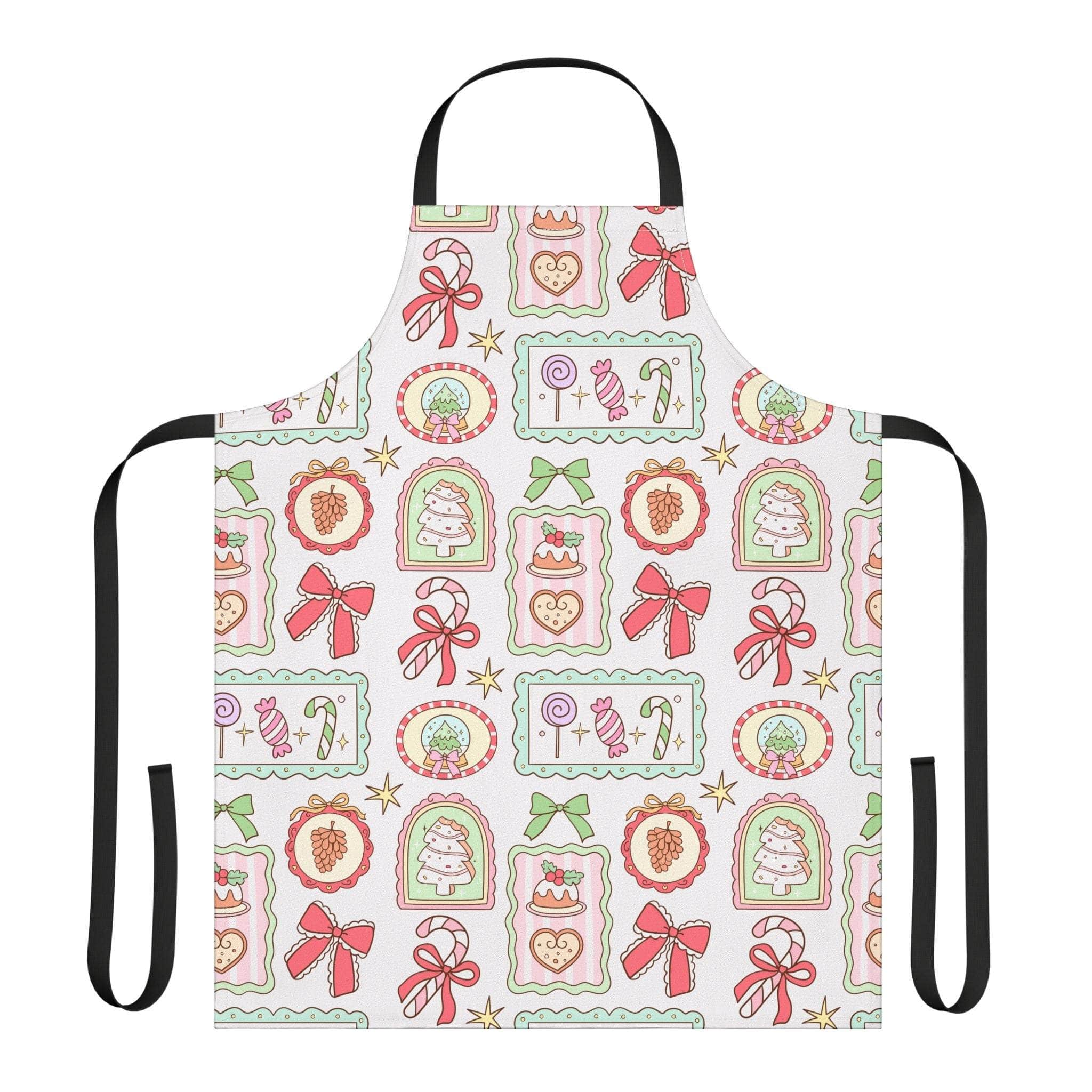 Retro Christmas Frames apron with festive bows and holiday cookie designs, tie-back closure, and vibrant colors.