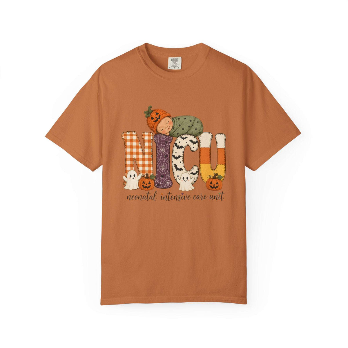 Yam orange NICU nurse Halloween T-shirt with patchwork lettering, a sleeping baby in a pumpkin hat, ghosts, and jack-o’-lanterns.