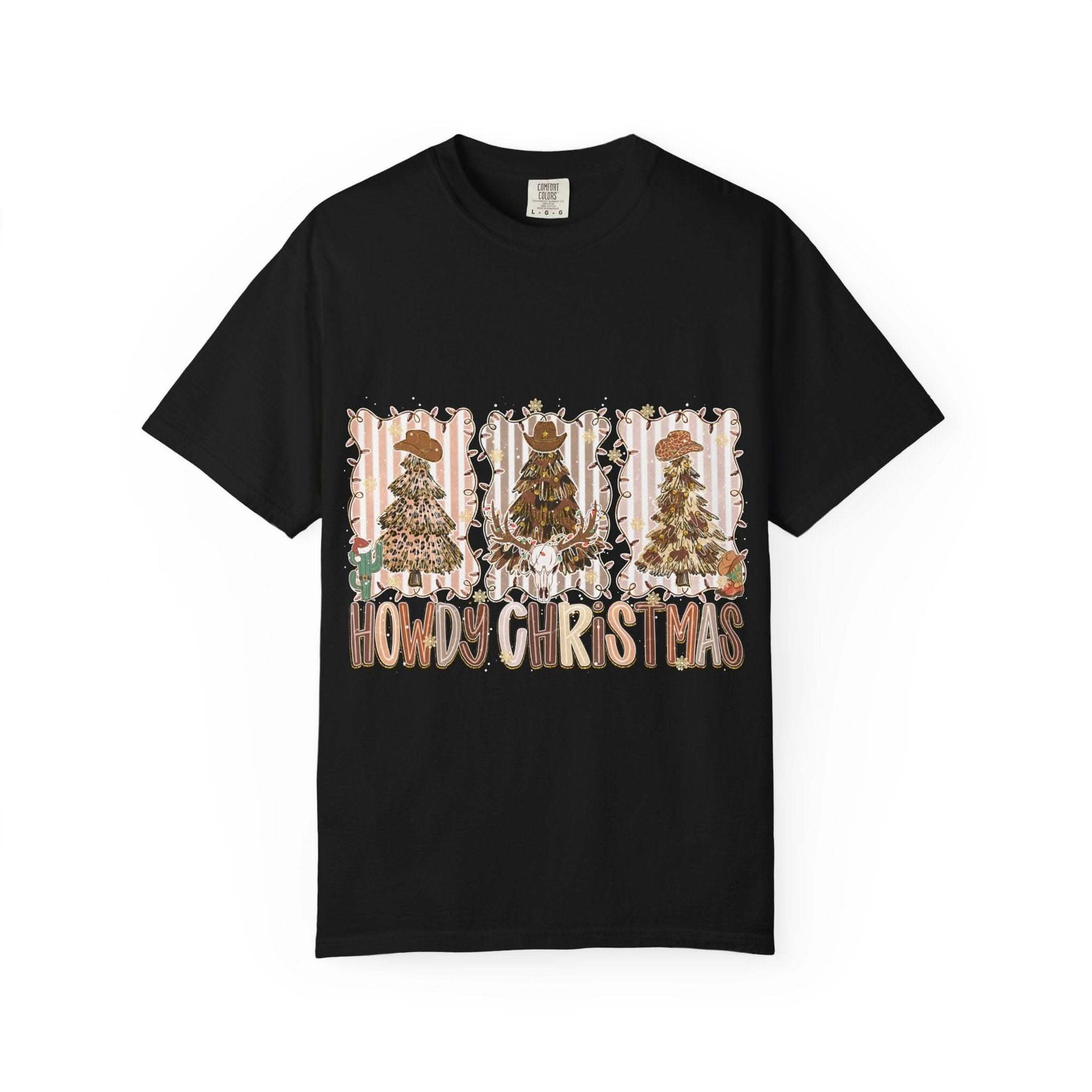 Black Cowboy Howdy Christmas t-shirt with festive cowboy hat and Christmas tree design