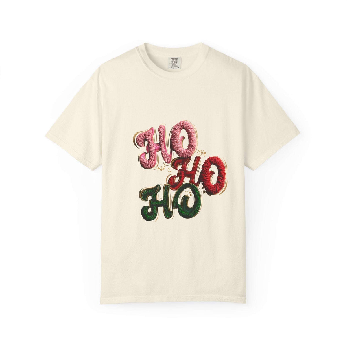 White Christmas graphic tee with faux puffy crochet 'Ho, Ho, Ho' design by Printify