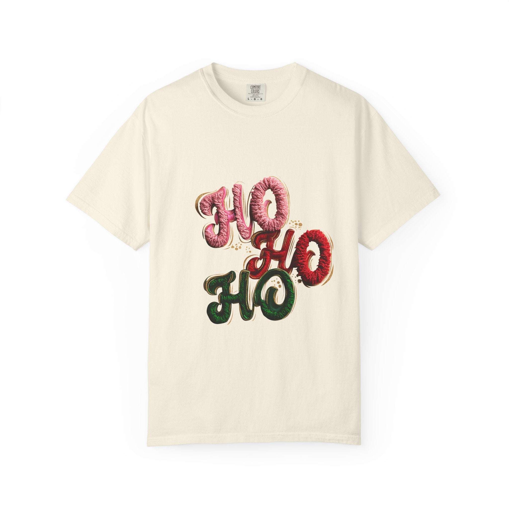 White Christmas graphic tee with faux puffy crochet 'Ho, Ho, Ho' design by Printify