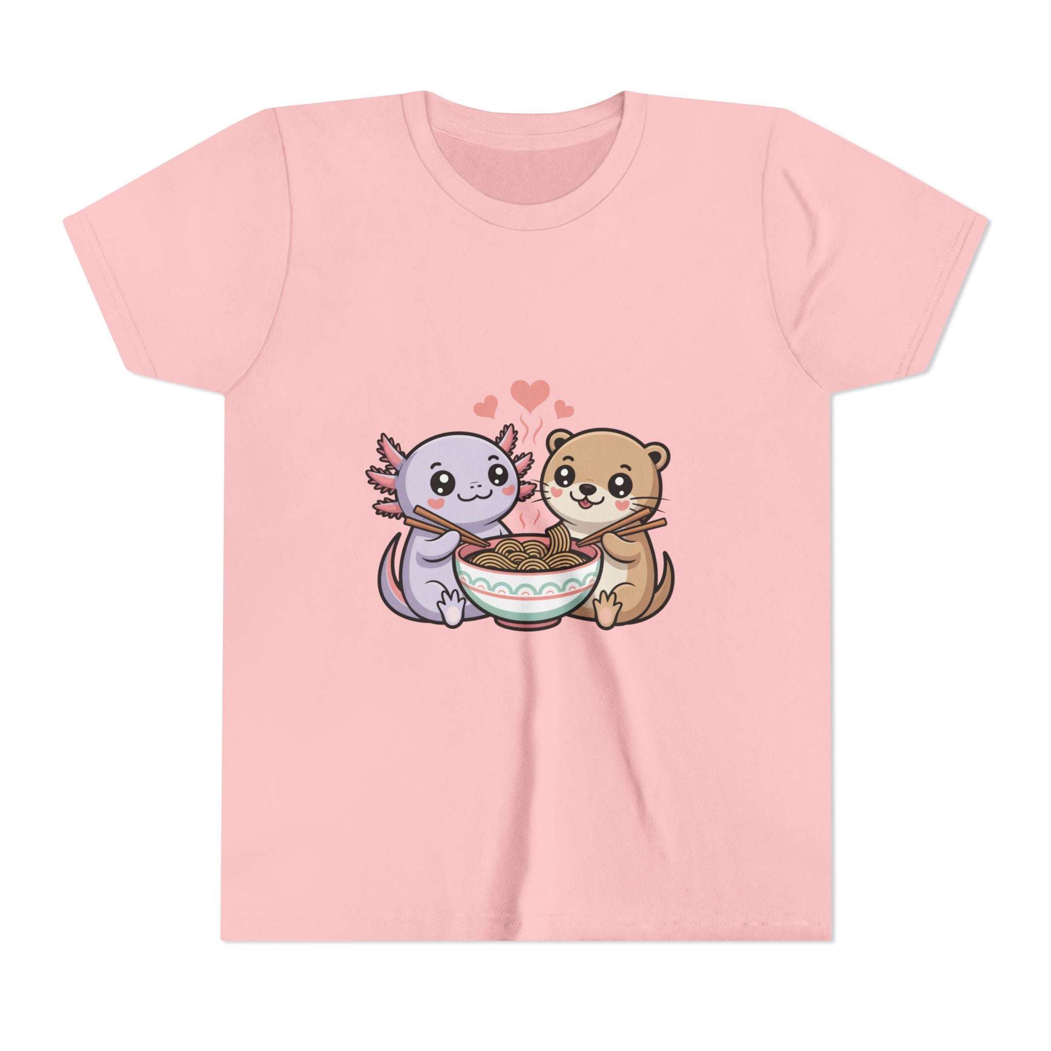 Cute kawaii animal kids shirt with axolotl and otter eating ramen on lightweight cotton tee
