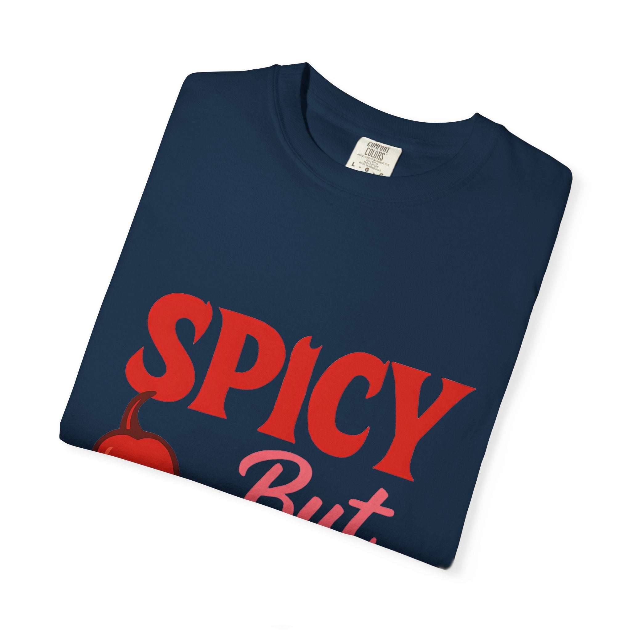 Folded navy blue unisex Spicy But Sweet T-shirt with bold red and pink text and chili graphic