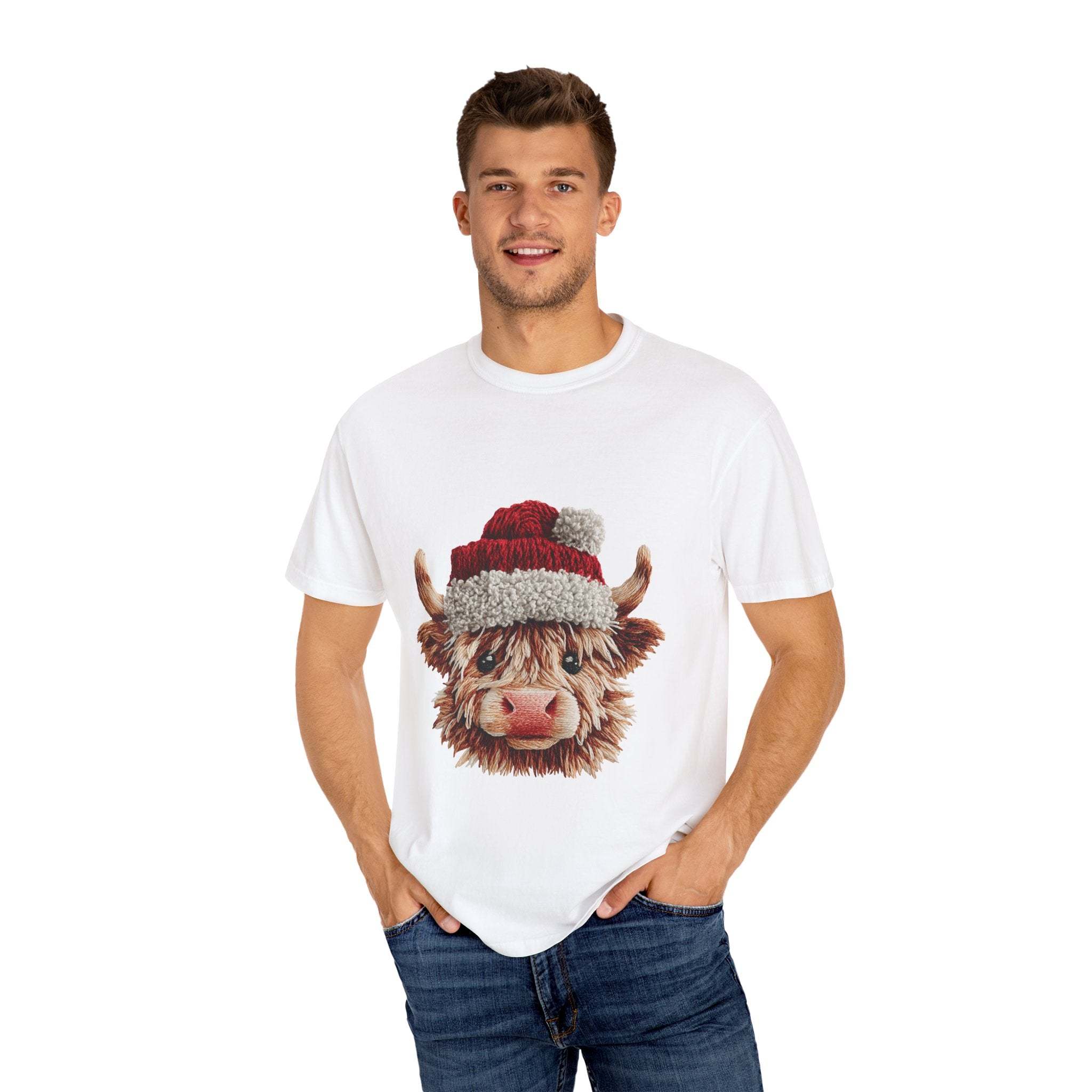 White T-shirt with faux crochet yarn style Highland cow wearing Santa hat print