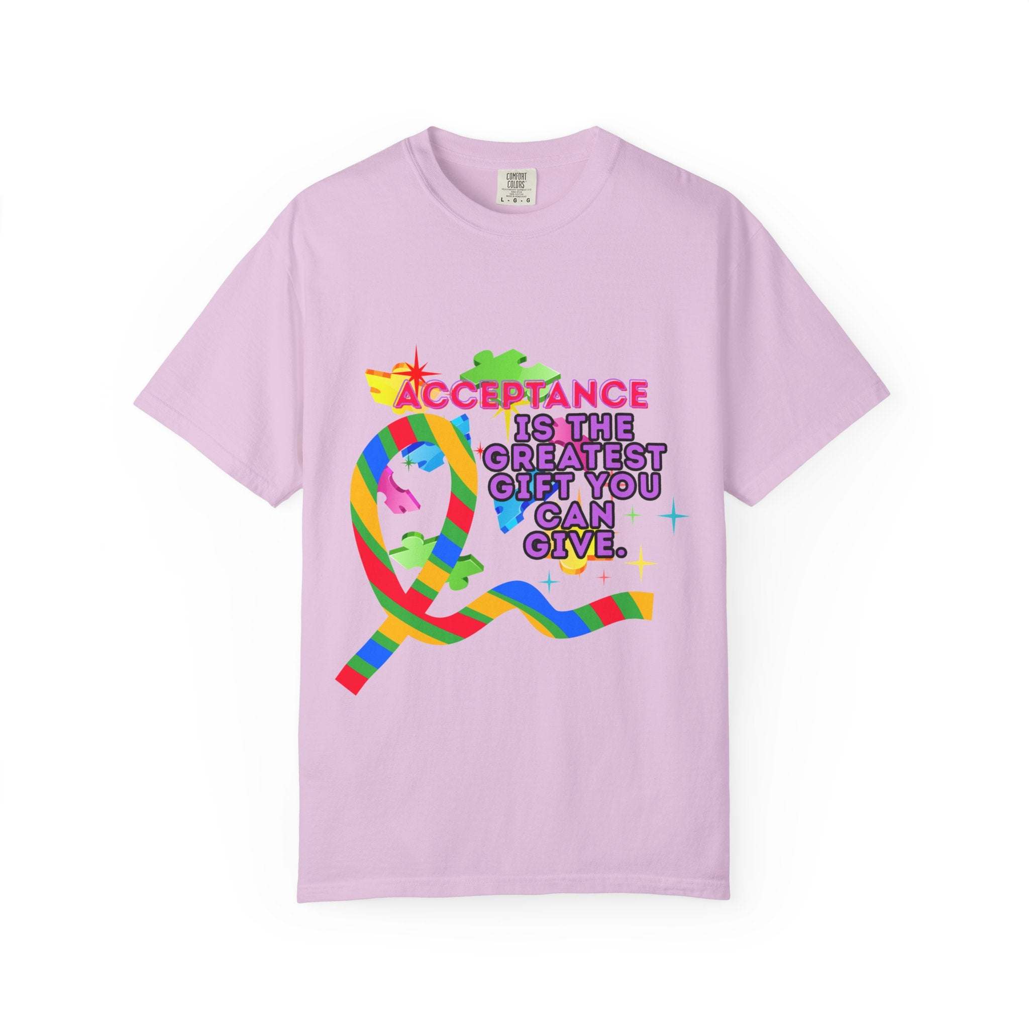 Garment-dyed lavender t-shirt with colorful Autism Acceptance ribbon and text promoting inclusivity and support