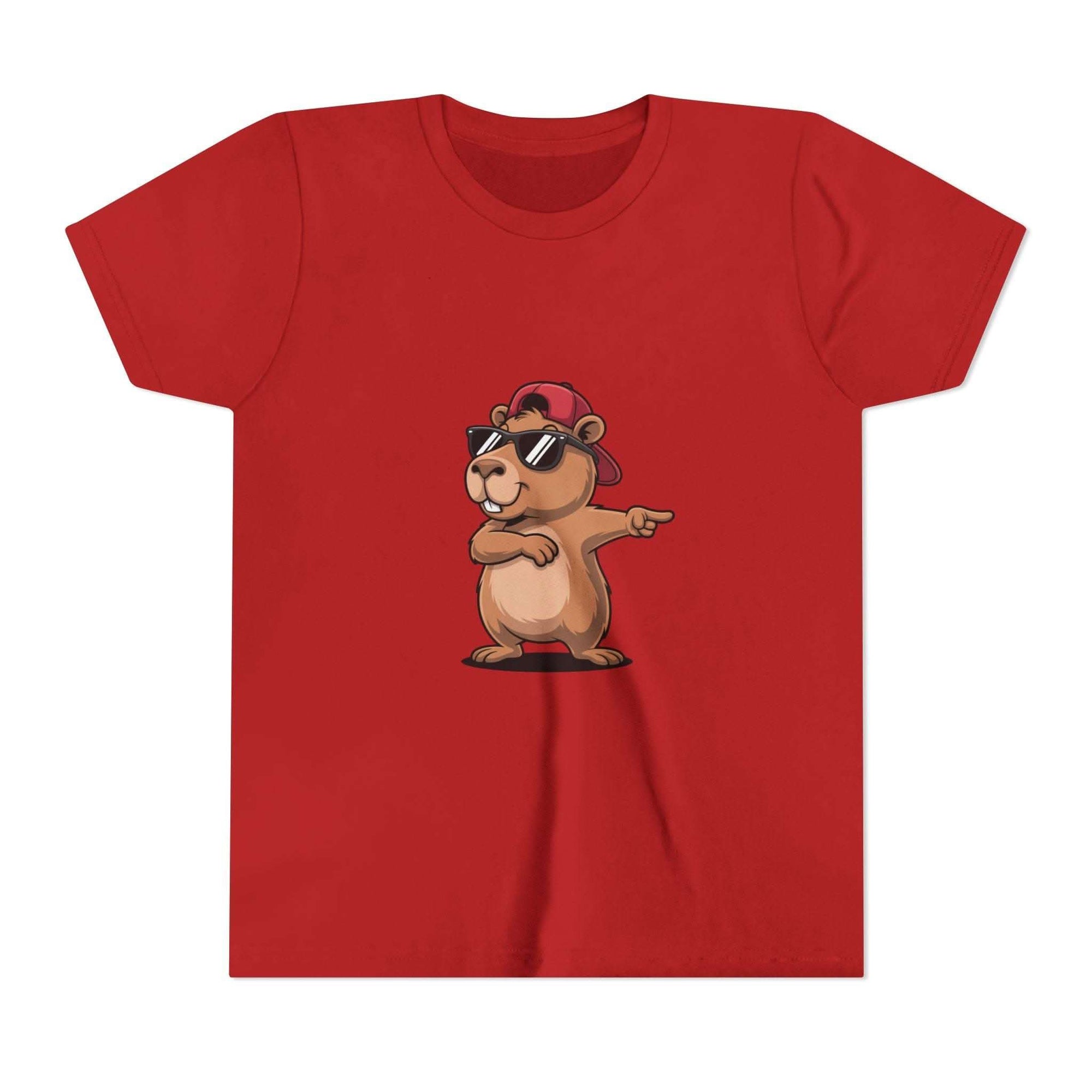 Youth t-shirt featuring a cool capybara in hat and sunglasses on soft cotton fabric