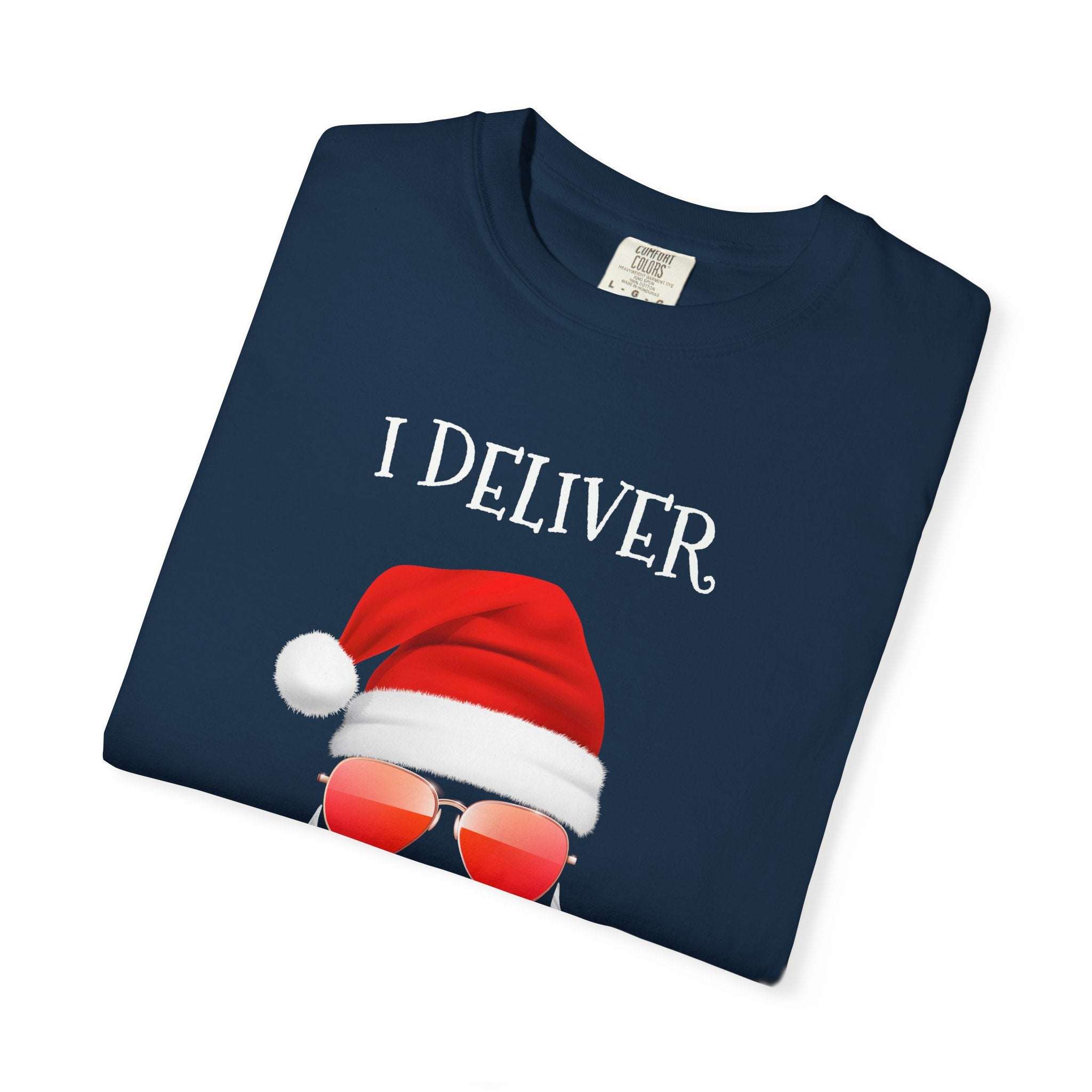 Santa I Deliver All Night Long T-shirt with festive Santa hat and sunglasses design on navy blue fabric