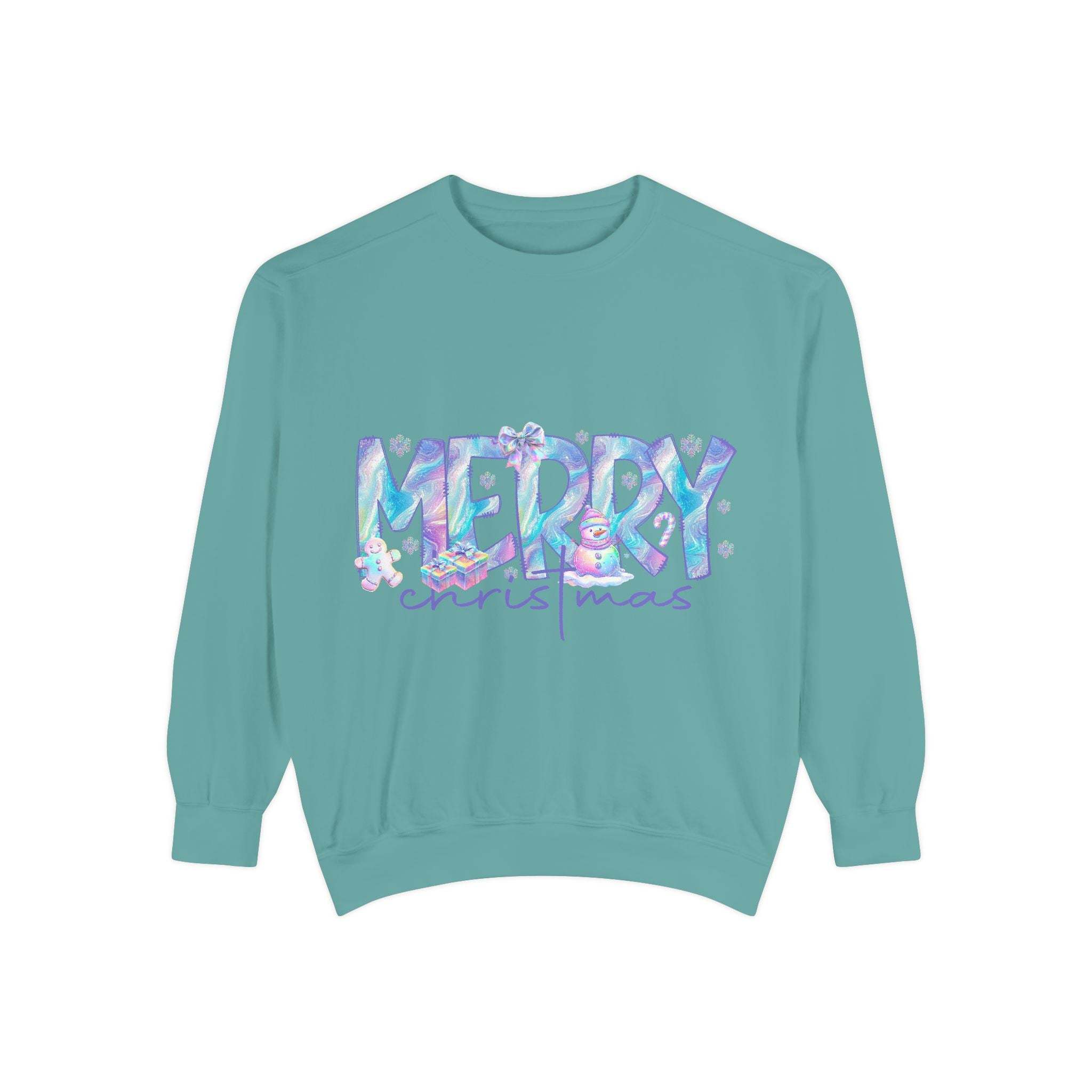 Unisex teal sweatshirt with iridescent Merry Christmas design and cozy fit