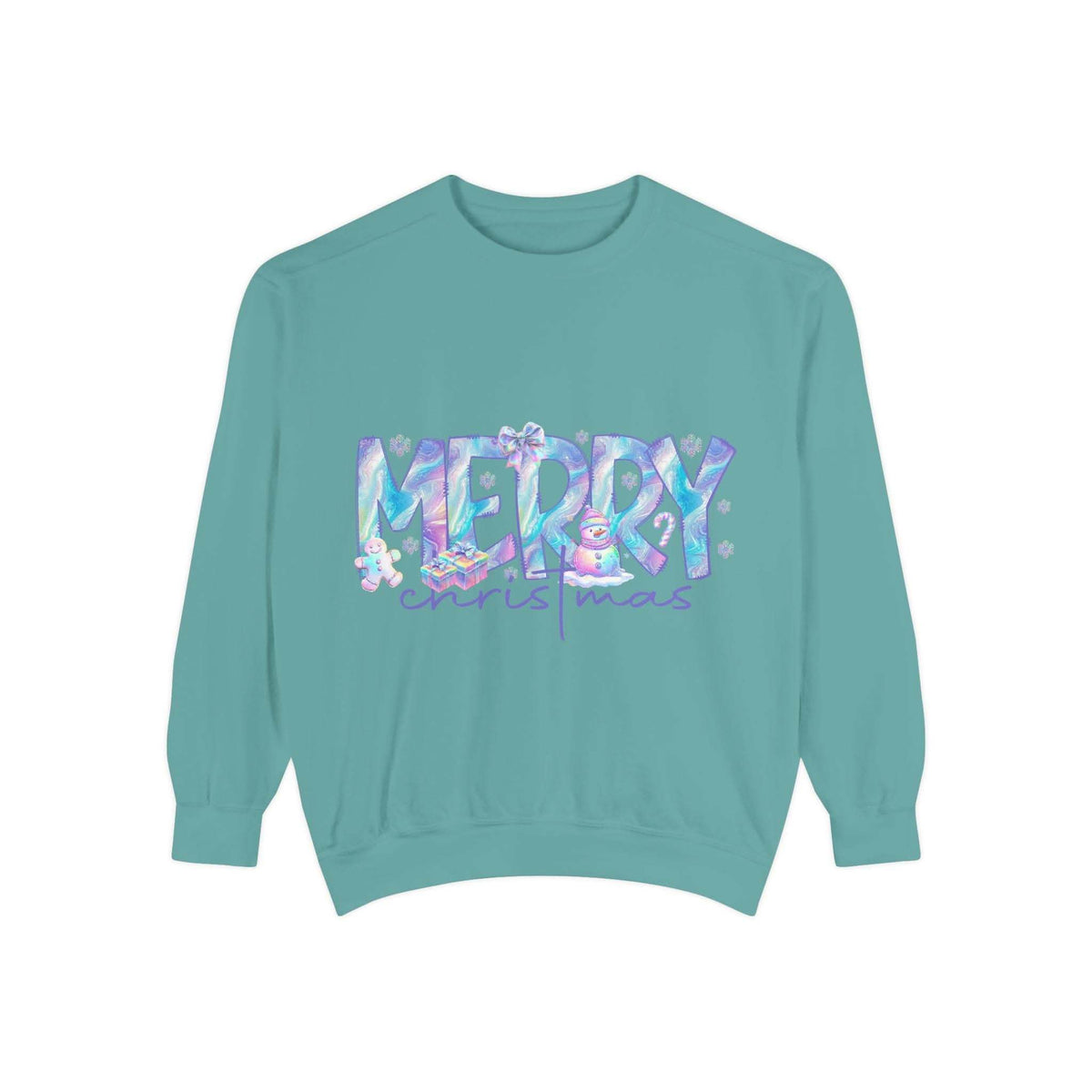 Unisex teal sweatshirt with iridescent Merry Christmas design and cozy fit