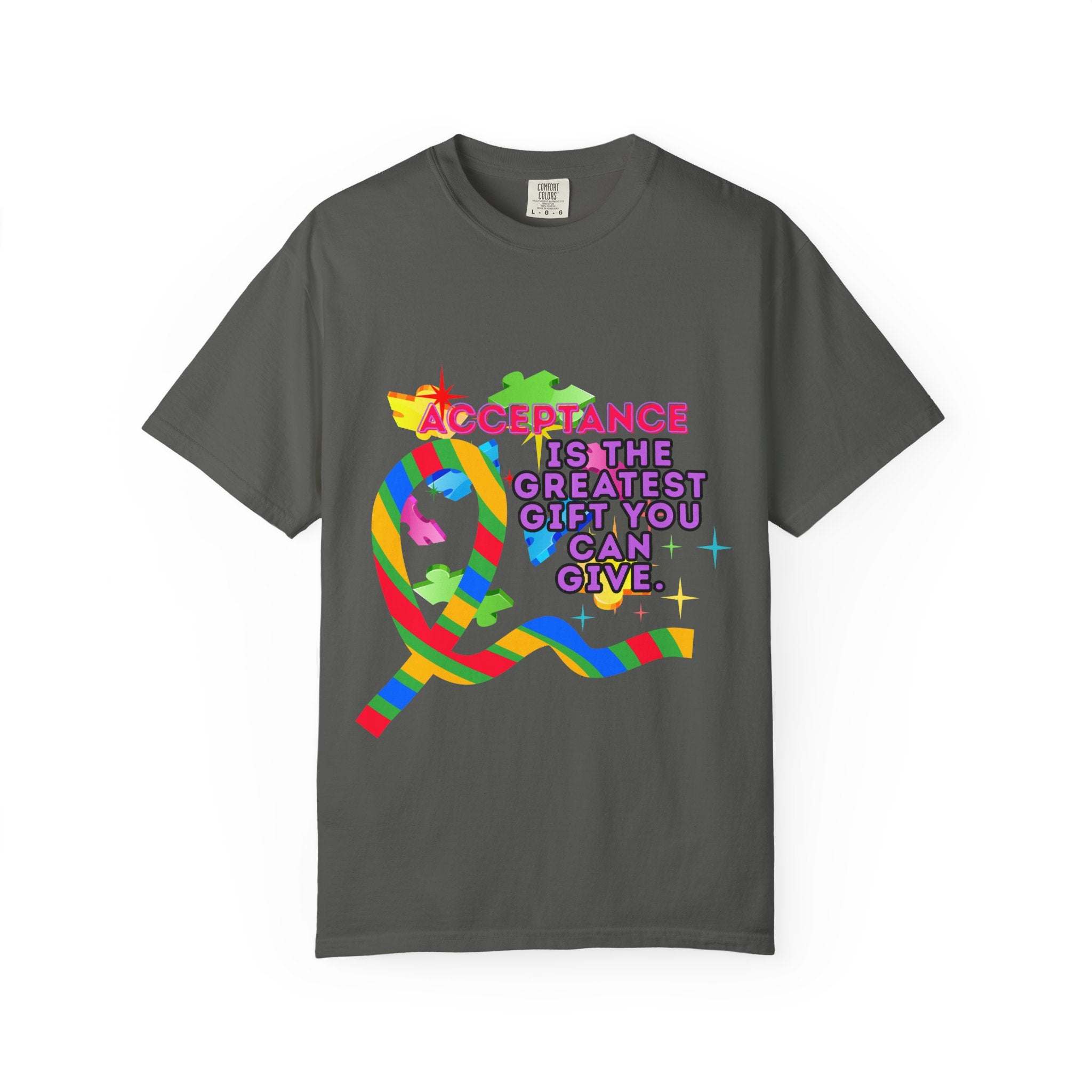 Black garment-dyed t-shirt with Autism Acceptance design, from Printify, size S