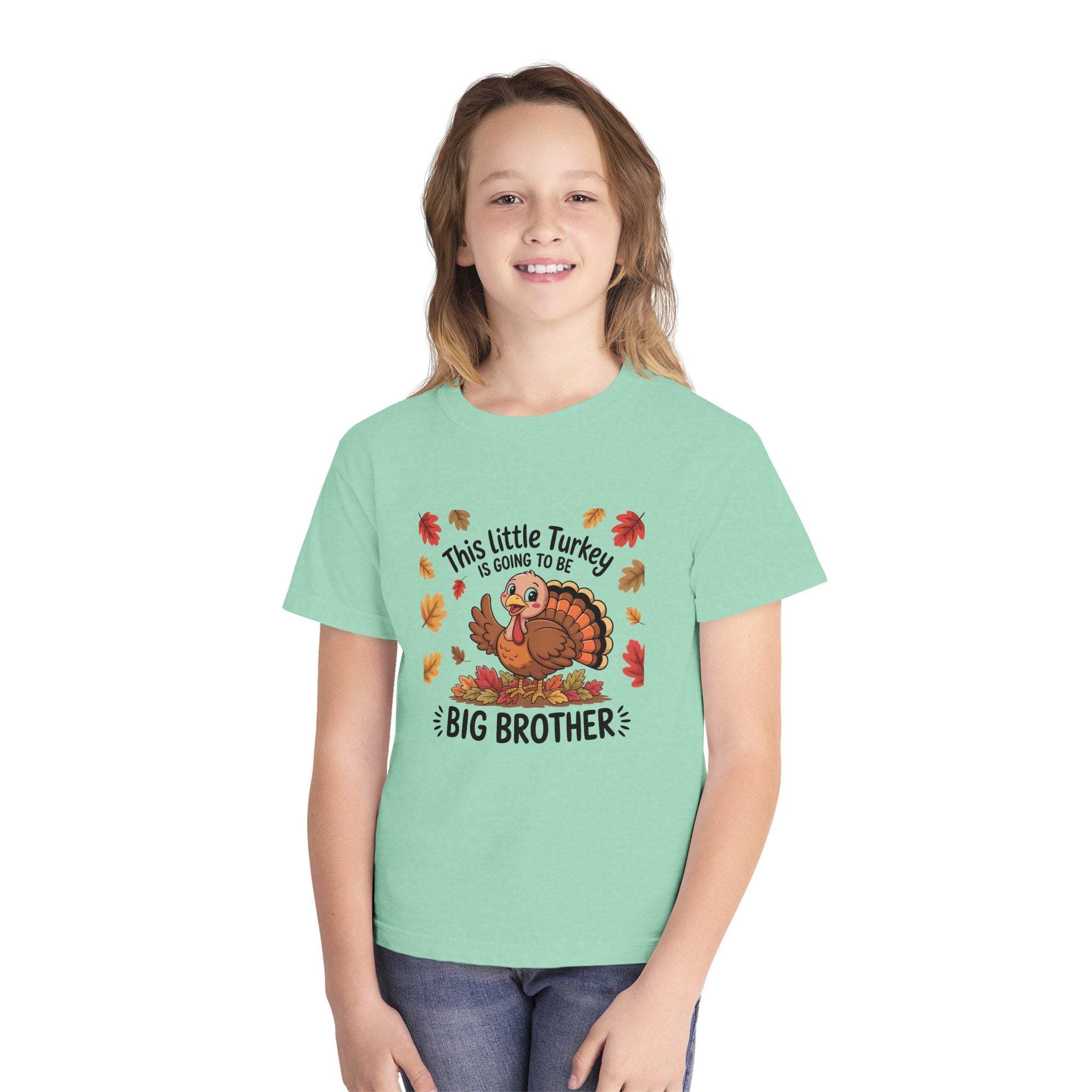 Youth tee big brother Thanksgiving announcement shirt with cartoon turkey and fall leaves design
