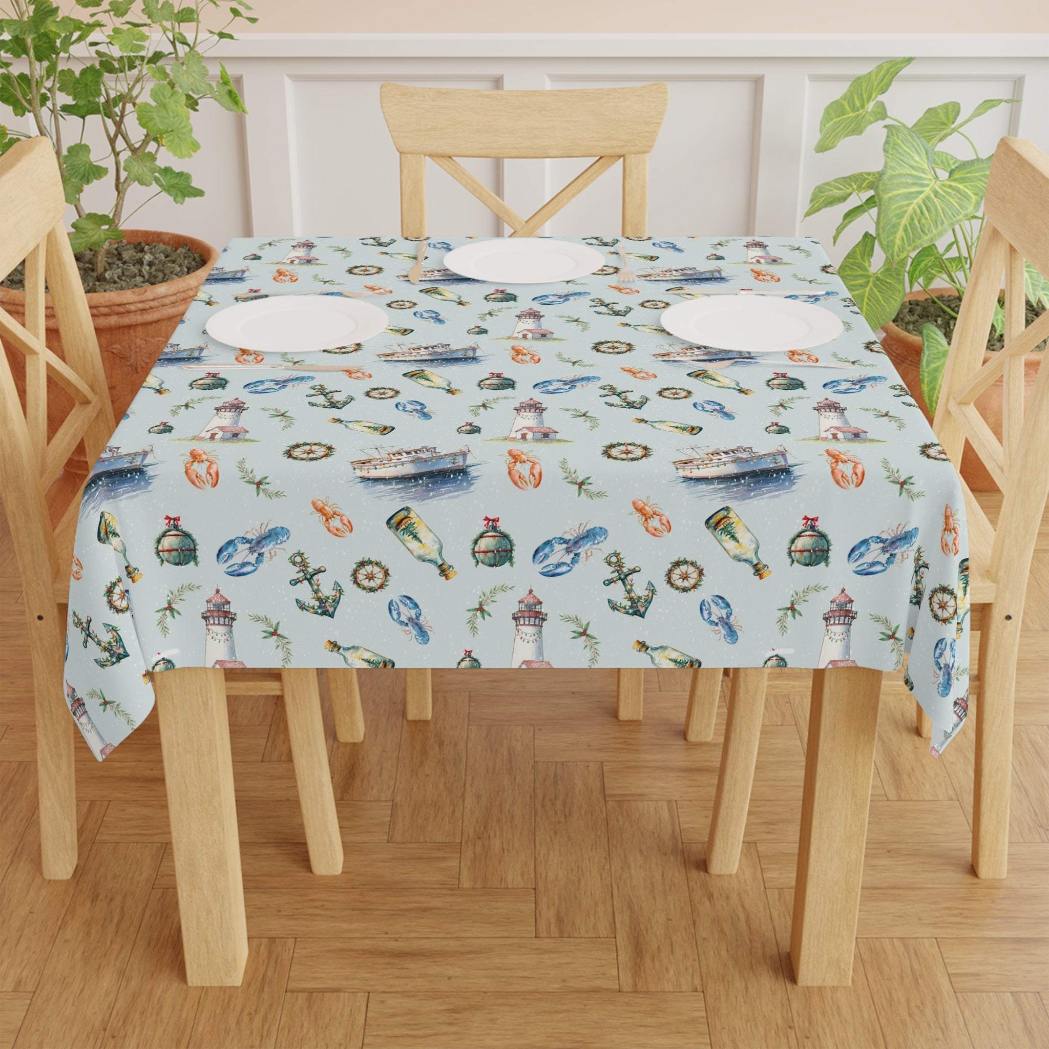 Tablecloth Merry Coastal Christmas with beach-themed holiday design on dining table