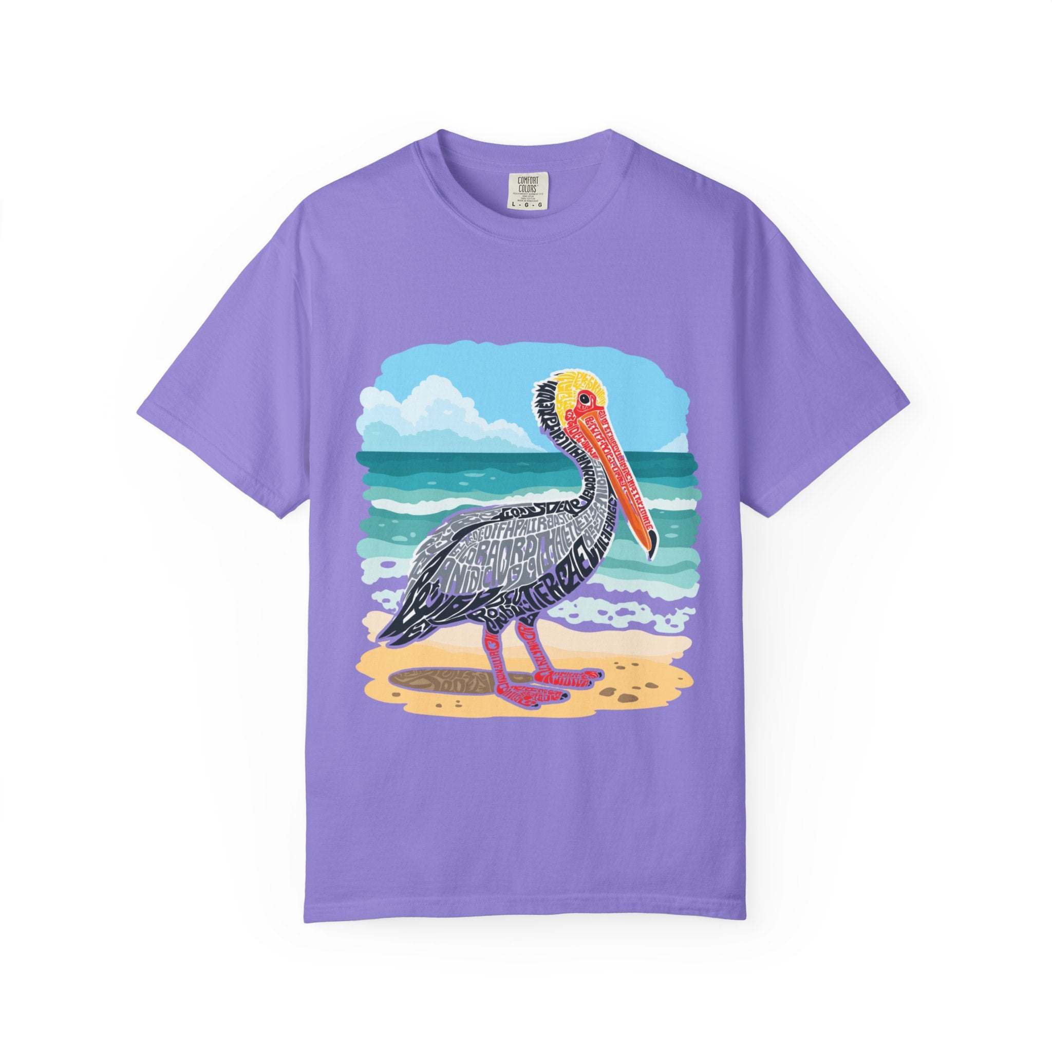 Purple Pelican Letter Poster T-shirt with vintage coastal graphic design on beach background