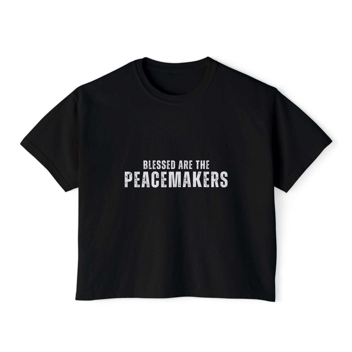 Black women's boxy Tee Blessed be the Peacemakers shirt with white text for casual, positive fashion