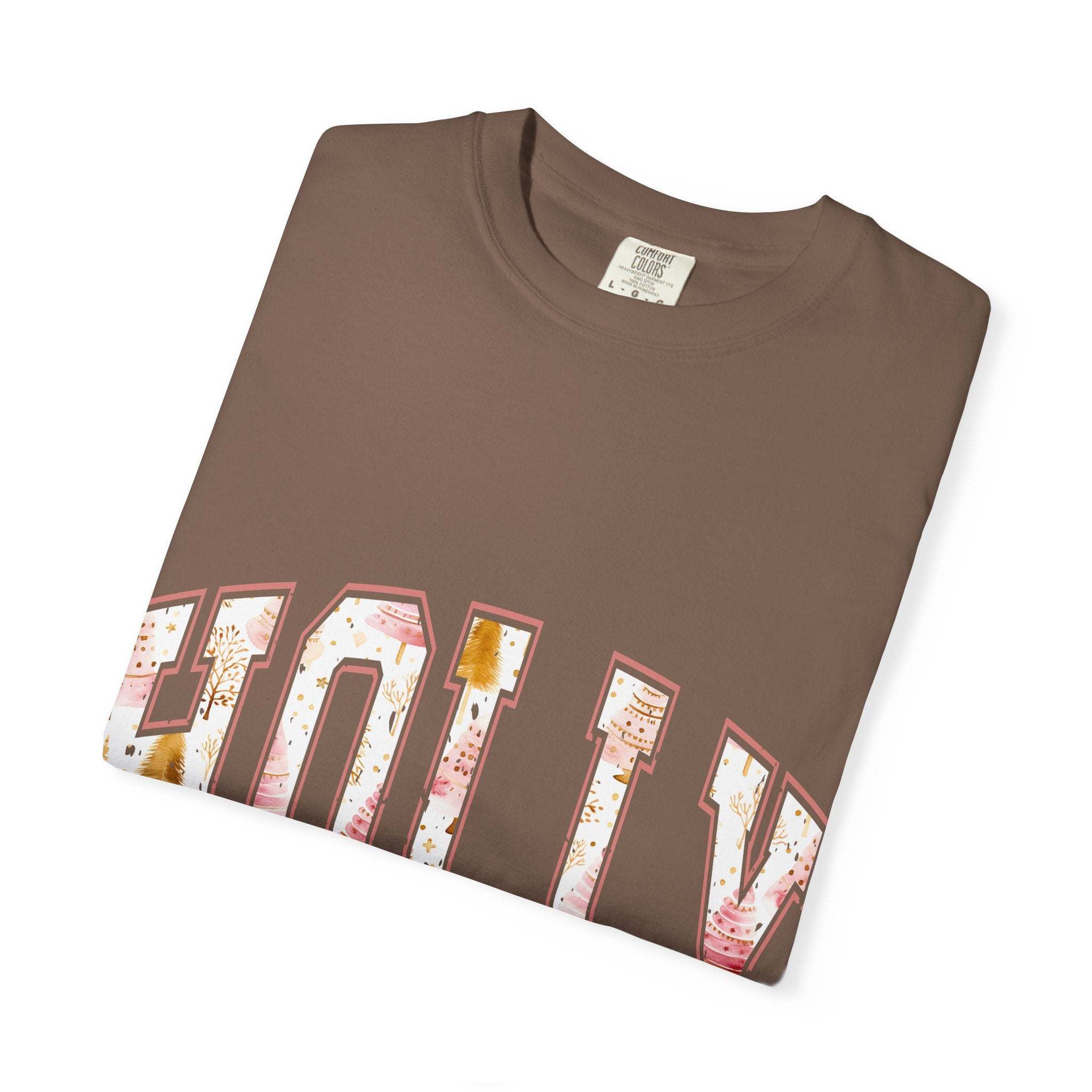 Varsity Holly Jolly T-shirt folded brown garment-dyed cotton festive Christmas tee
