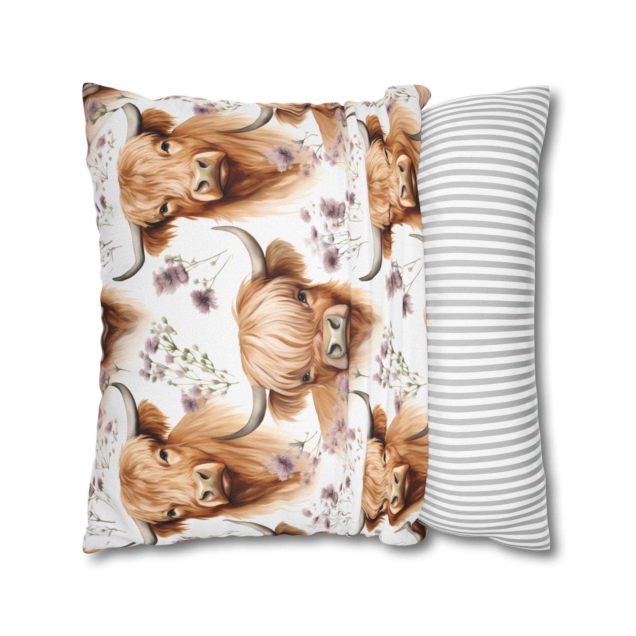 Floral Highland Cow square pillowcase with delicate blooms and long-haired cow design on soft fabric