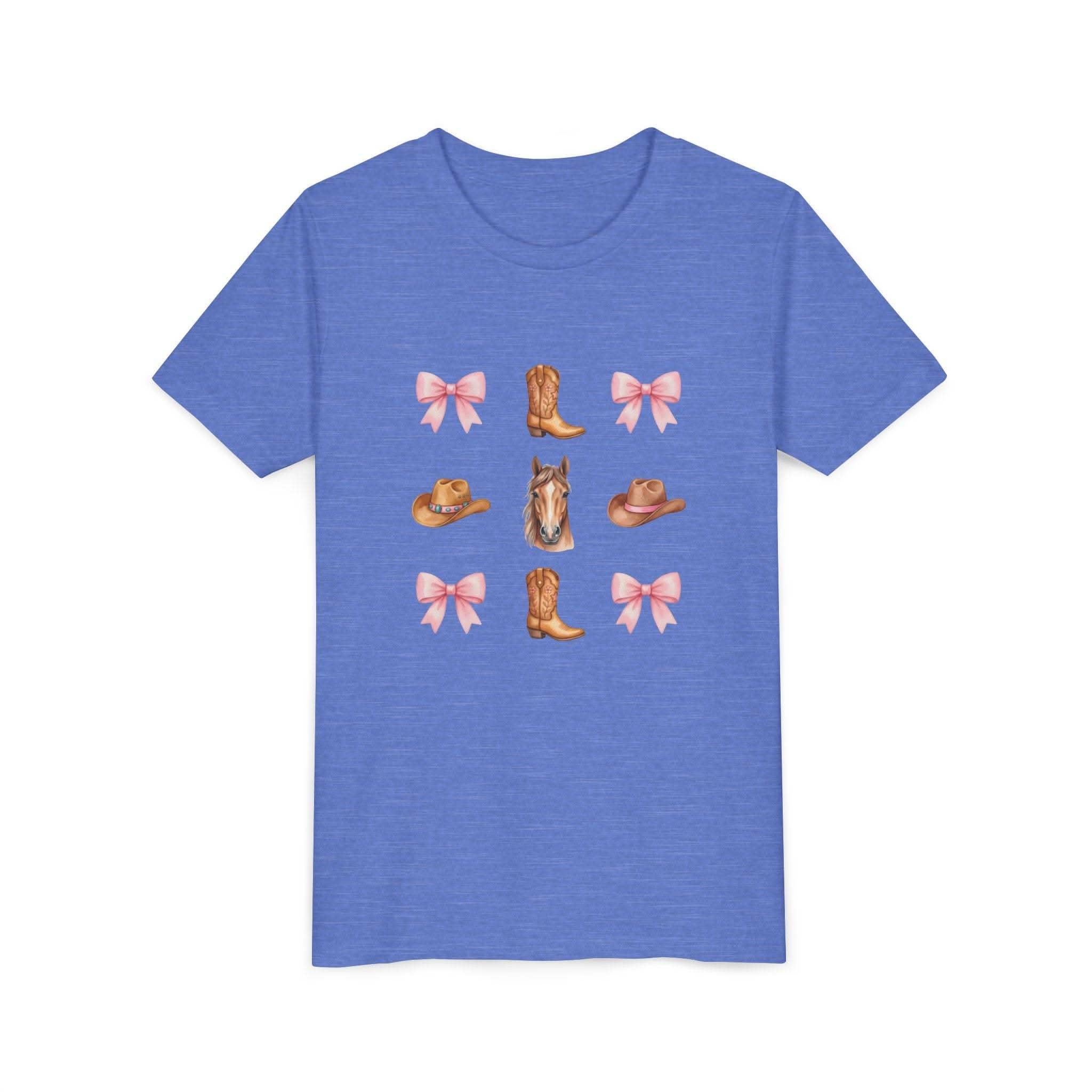 Youth pink tee with cowboy horse, boots, pink bows, and Western hat design