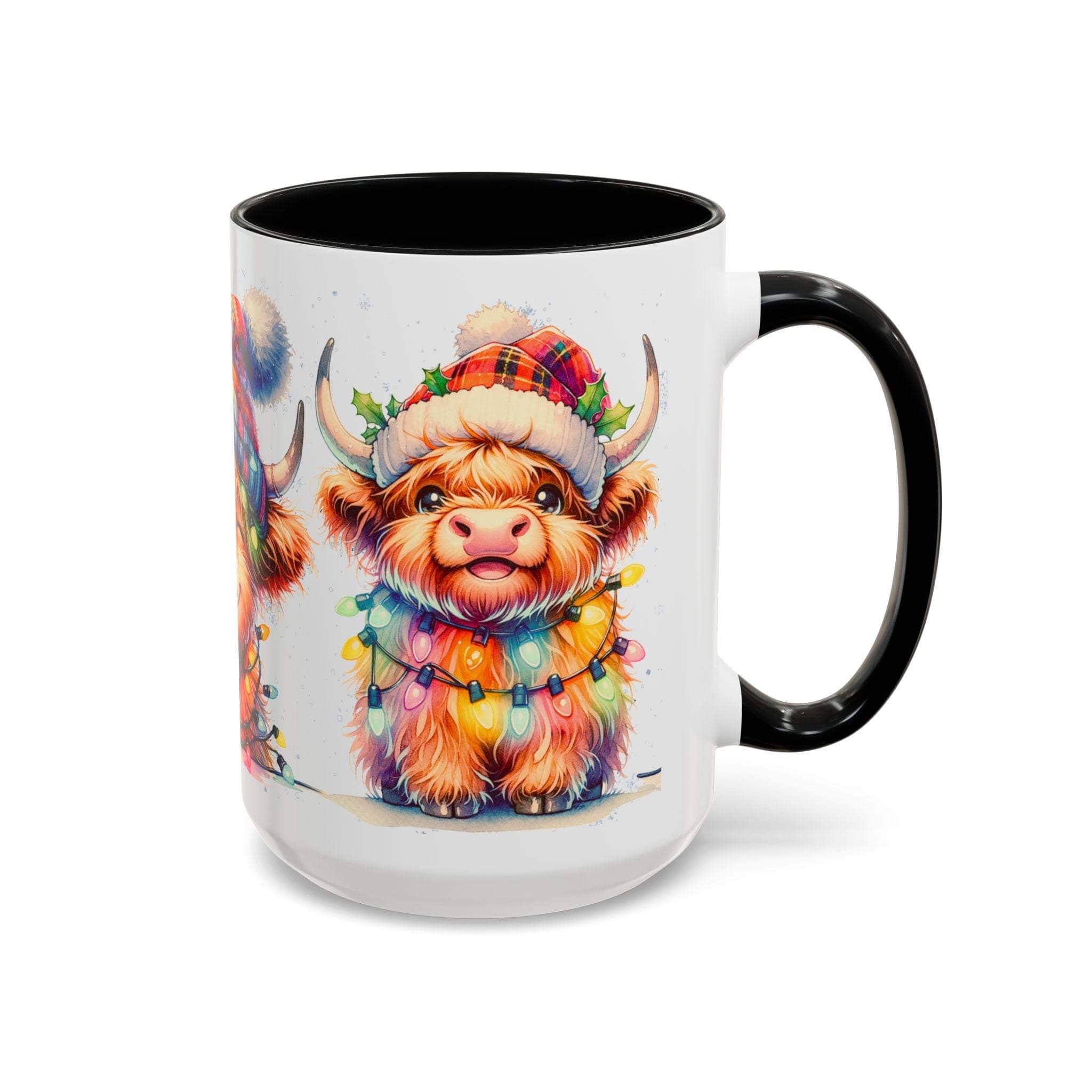 Mug with a colorful highland cow design wearing a Santa hat on a white background