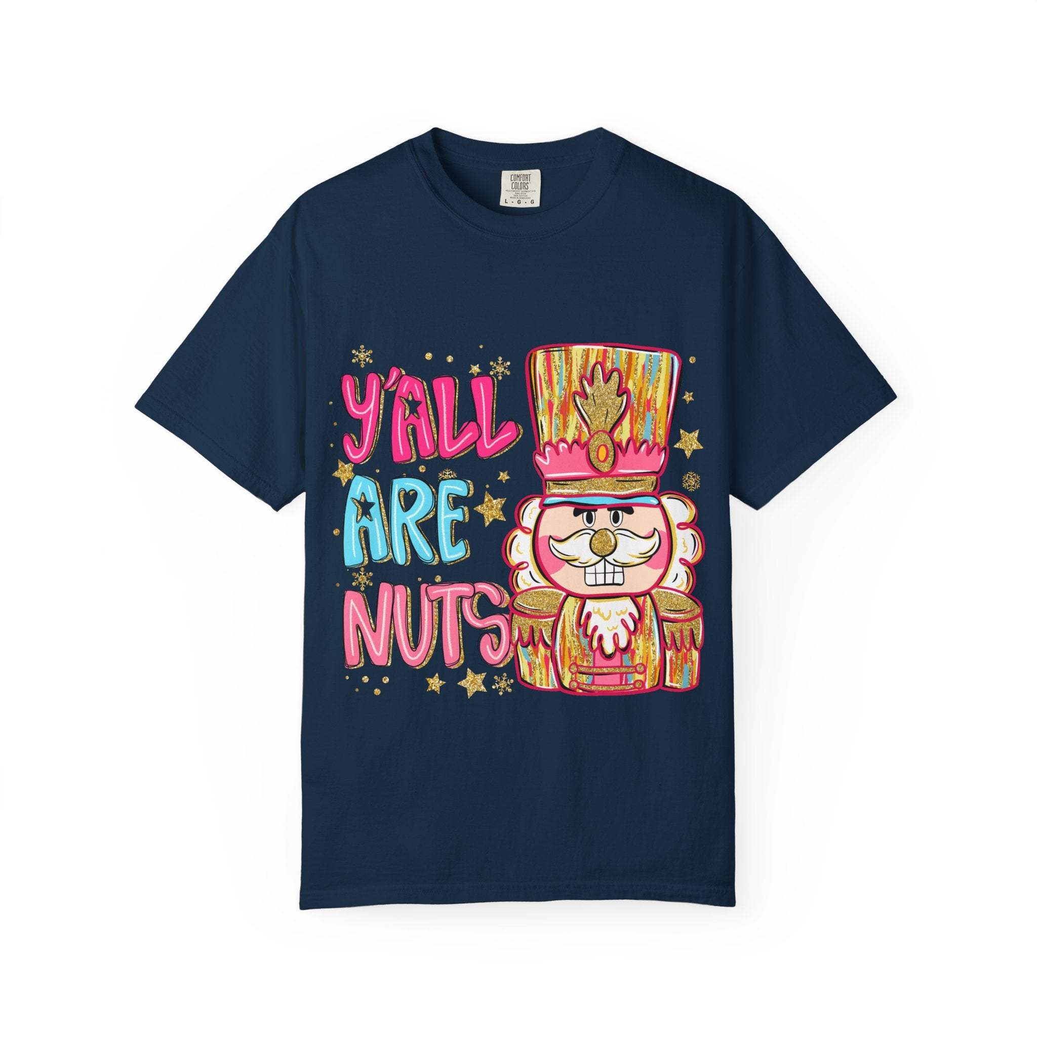 Navy T-shirt with colorful Yall Are Nuts Nutcracker graphic and festive design