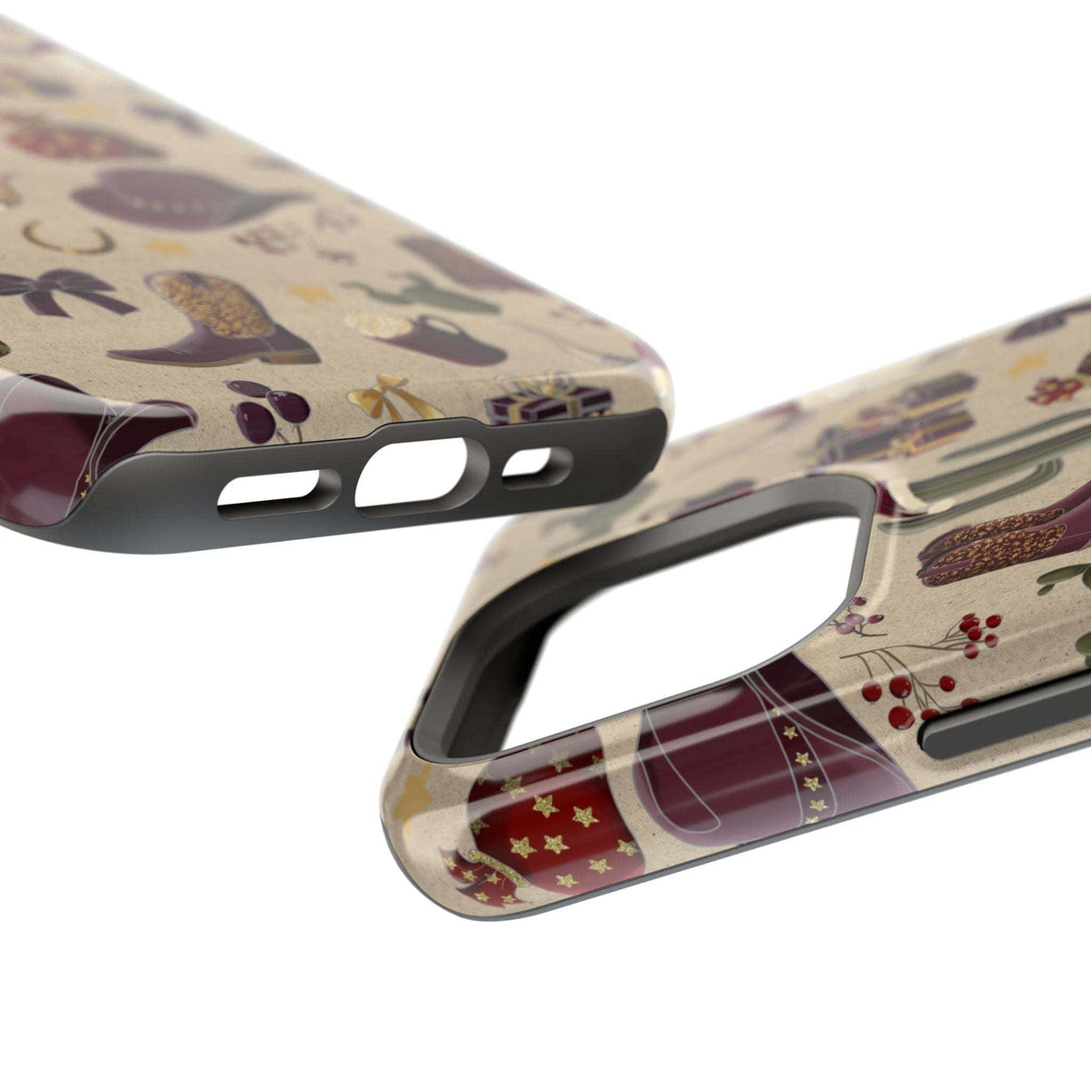 Cowboy Christmas design phone case for iPhone 17 in glossy finish by Printify, featuring festive colors and patterns.
